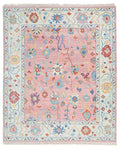 Pink Oushak Rug – Hand Knotted Wool Area Carpet | Light Blue & Ivory Border | Modern Turkish Floral Design | Handmade Boho Living Room Decor