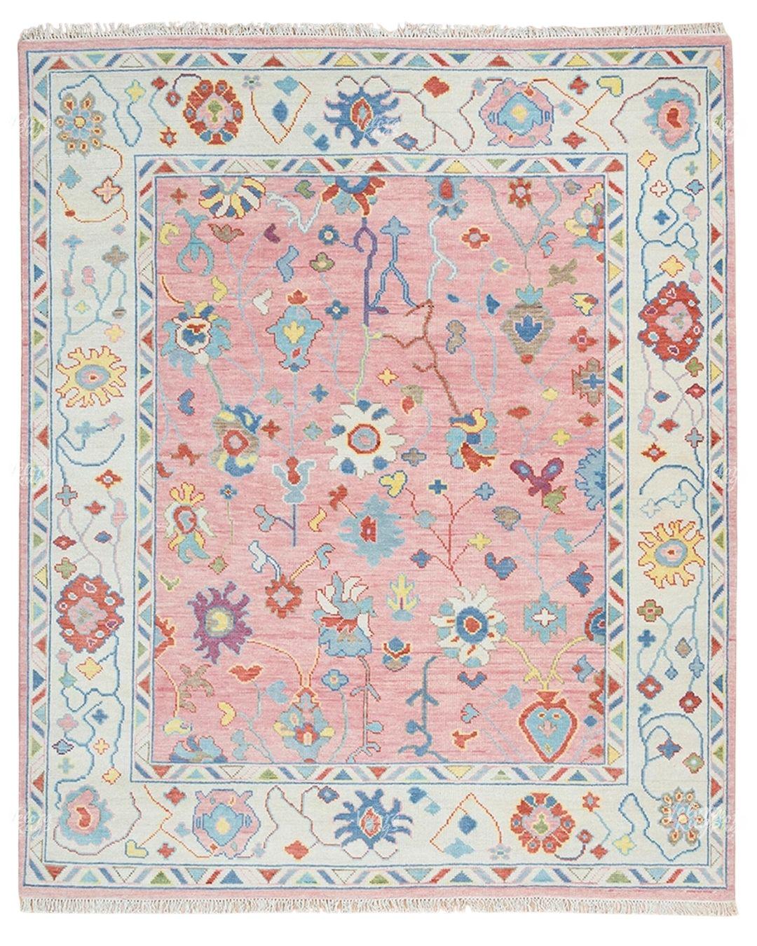Pink Oushak Rug – Hand Knotted Wool Area Carpet | Light Blue & Ivory Border | Modern Turkish Floral Design | Handmade Boho Living Room Decor