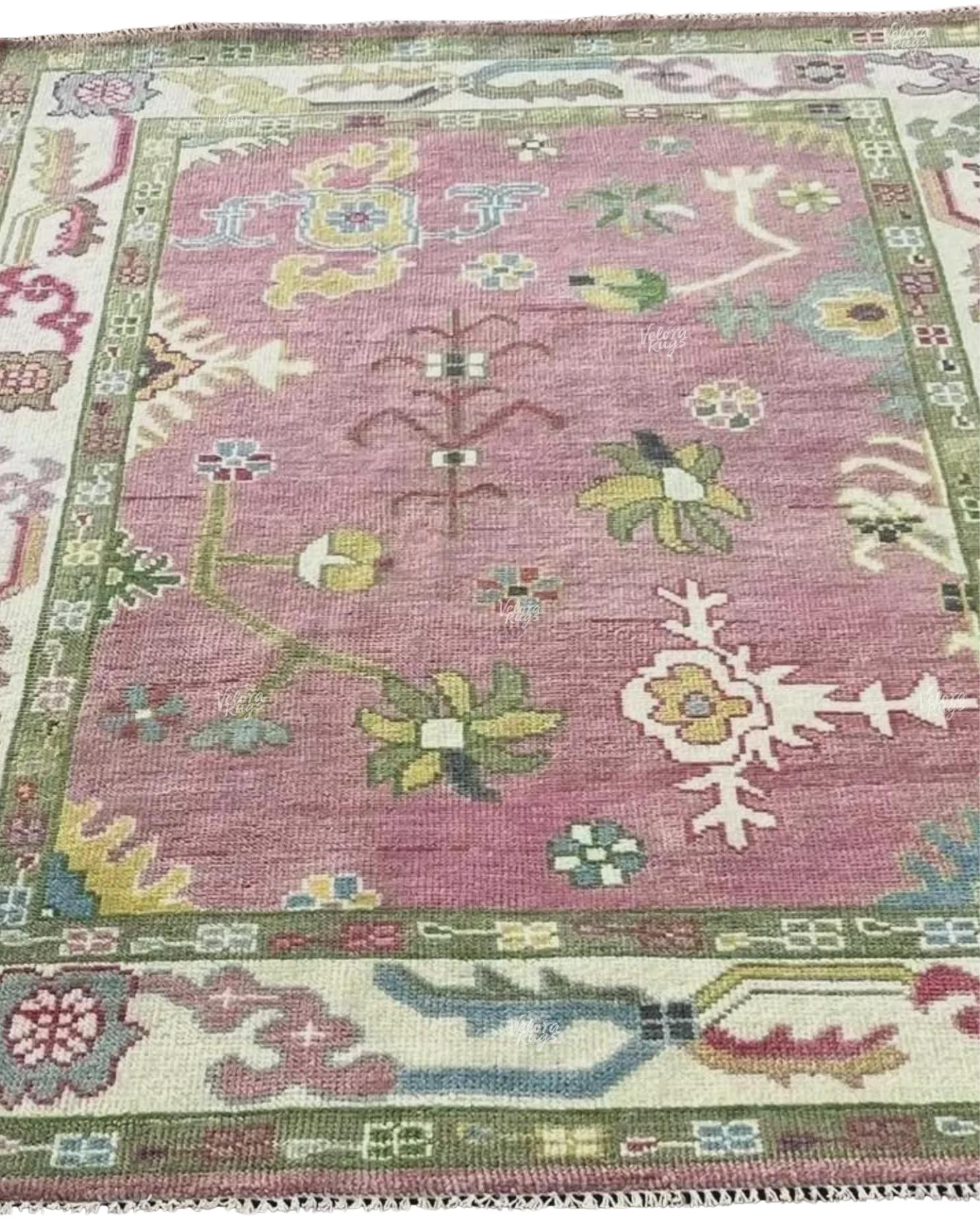 Elegant Hand-Knotted Pink Oushak Rug - Antique-Style Floral Design, Available in 4x6, 5x8, 6x9, 8x10, 9x12, 10x14 ft | Living Room & Bedroom