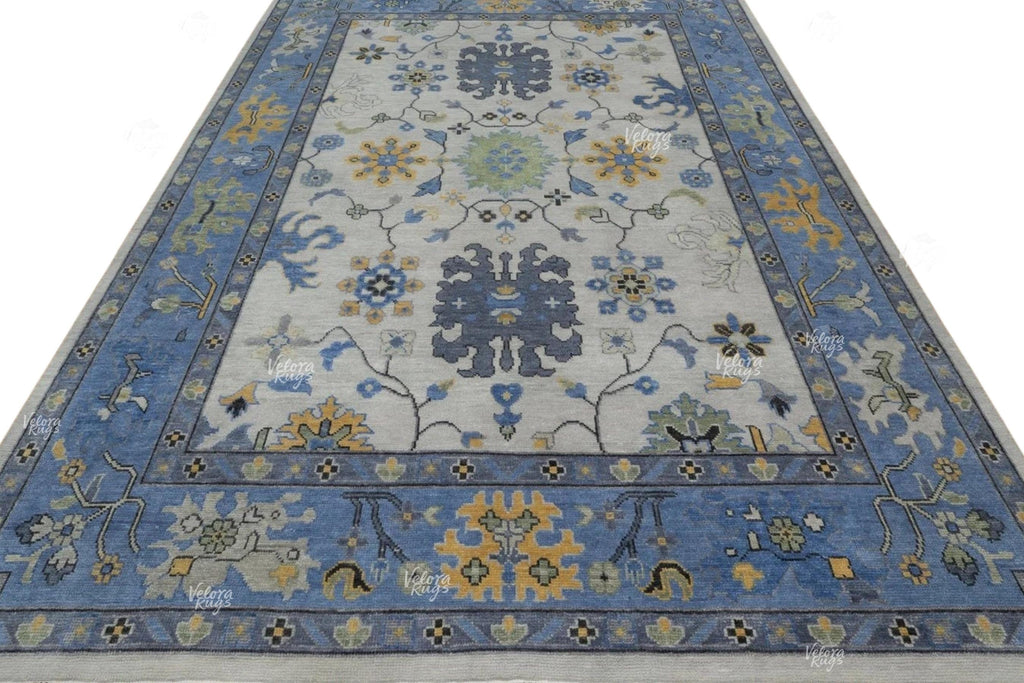 Elegant Hand-Knotted Ivory & Blue Oushak Rug - Antique-Style Contemporary Design, Available in 4x6, 8x10, 9x12, 10x14 ft | Living Room Rug
