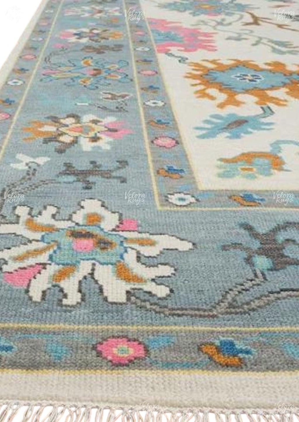 Hand-Knotted Oushak Wool Rug: Beige & Blue Turkish Area Carpet
