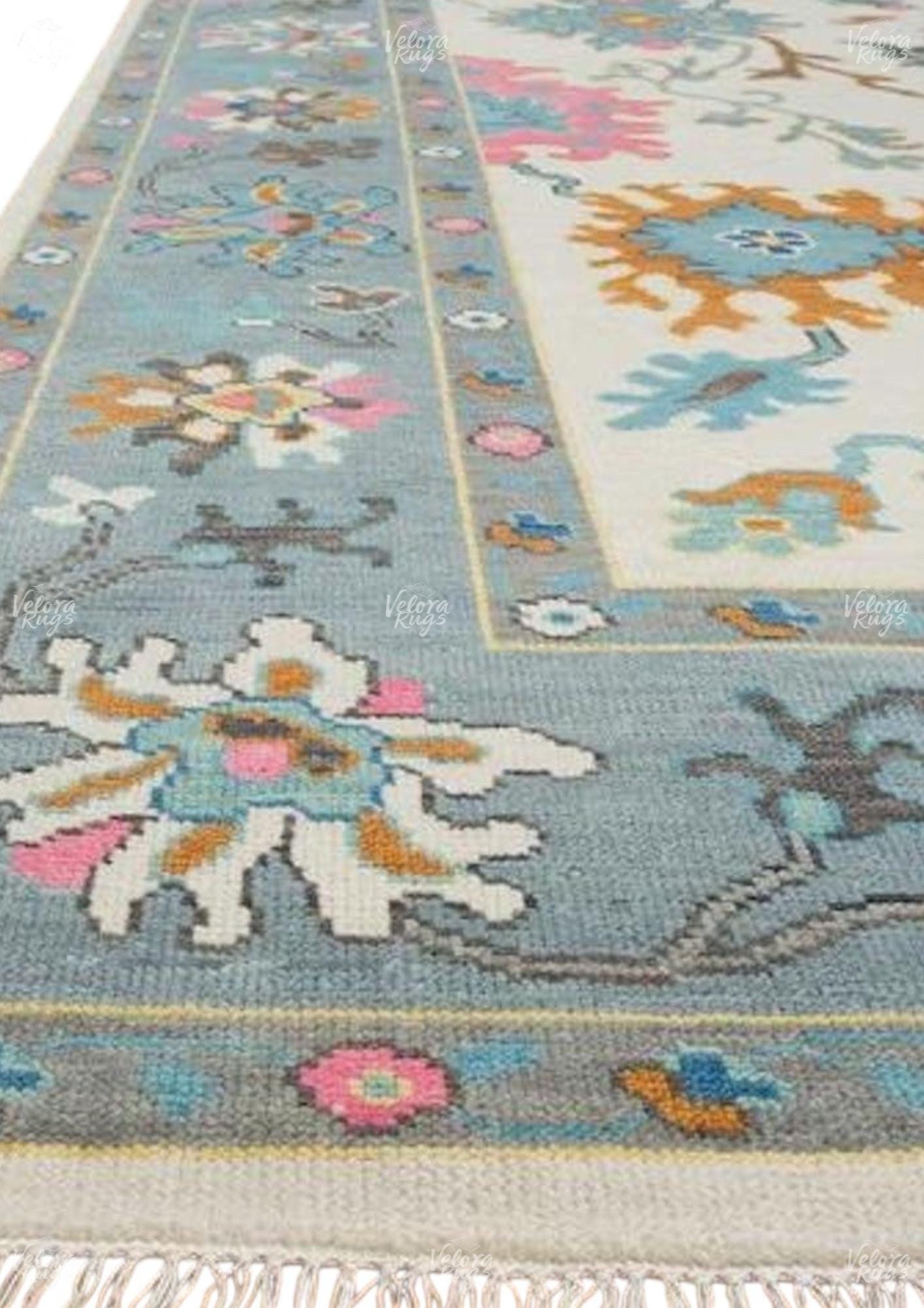 Hand-Knotted Oushak Wool Rug: Beige & Blue Turkish Area Carpet