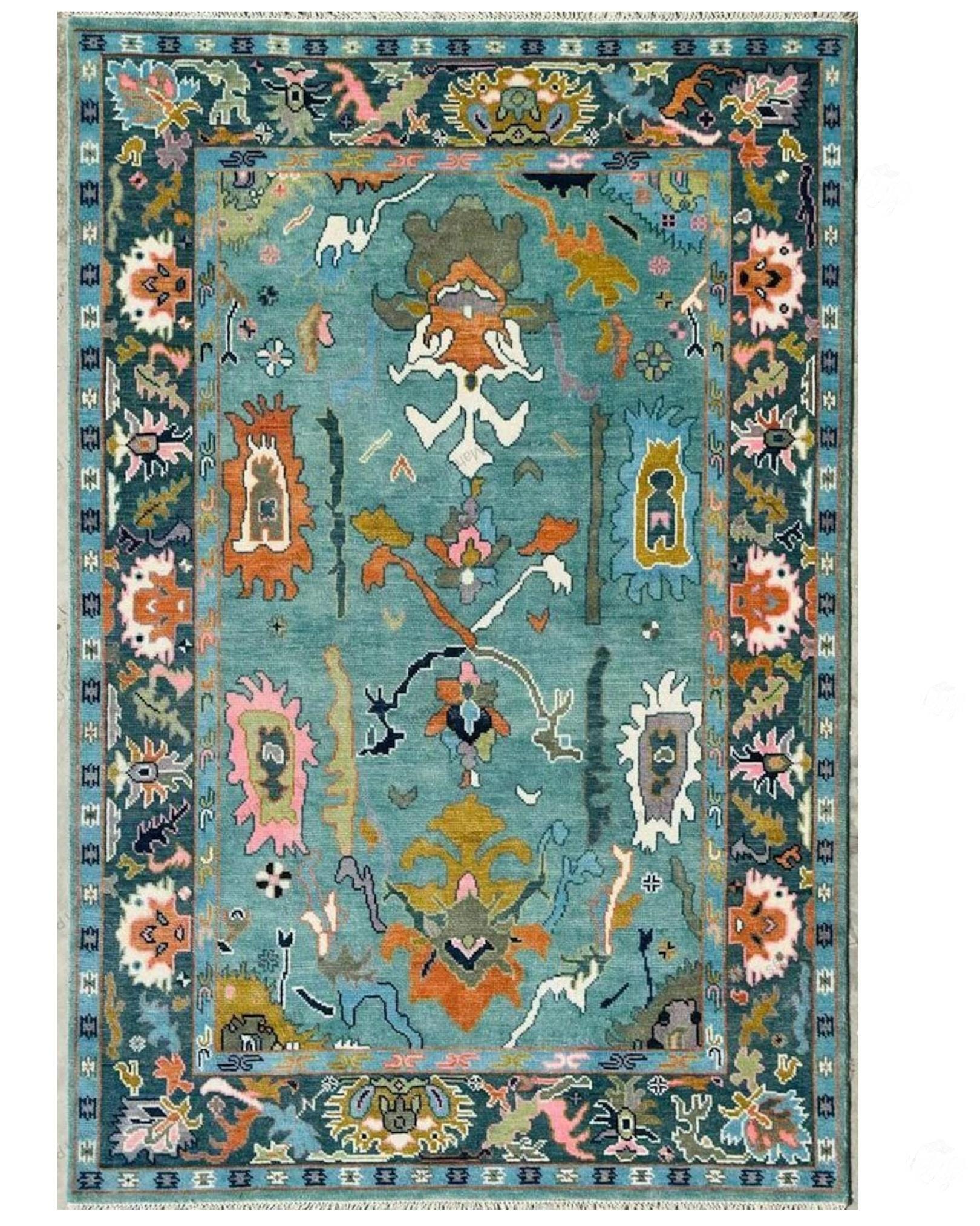 Teal Blue Modern Oushak Hand Knotted Rug 4x6, 5x8, 6x9, 8x10, 9x12, 10x14 ft Handmade Rugs for Living Room - Antique style Ethnic rug