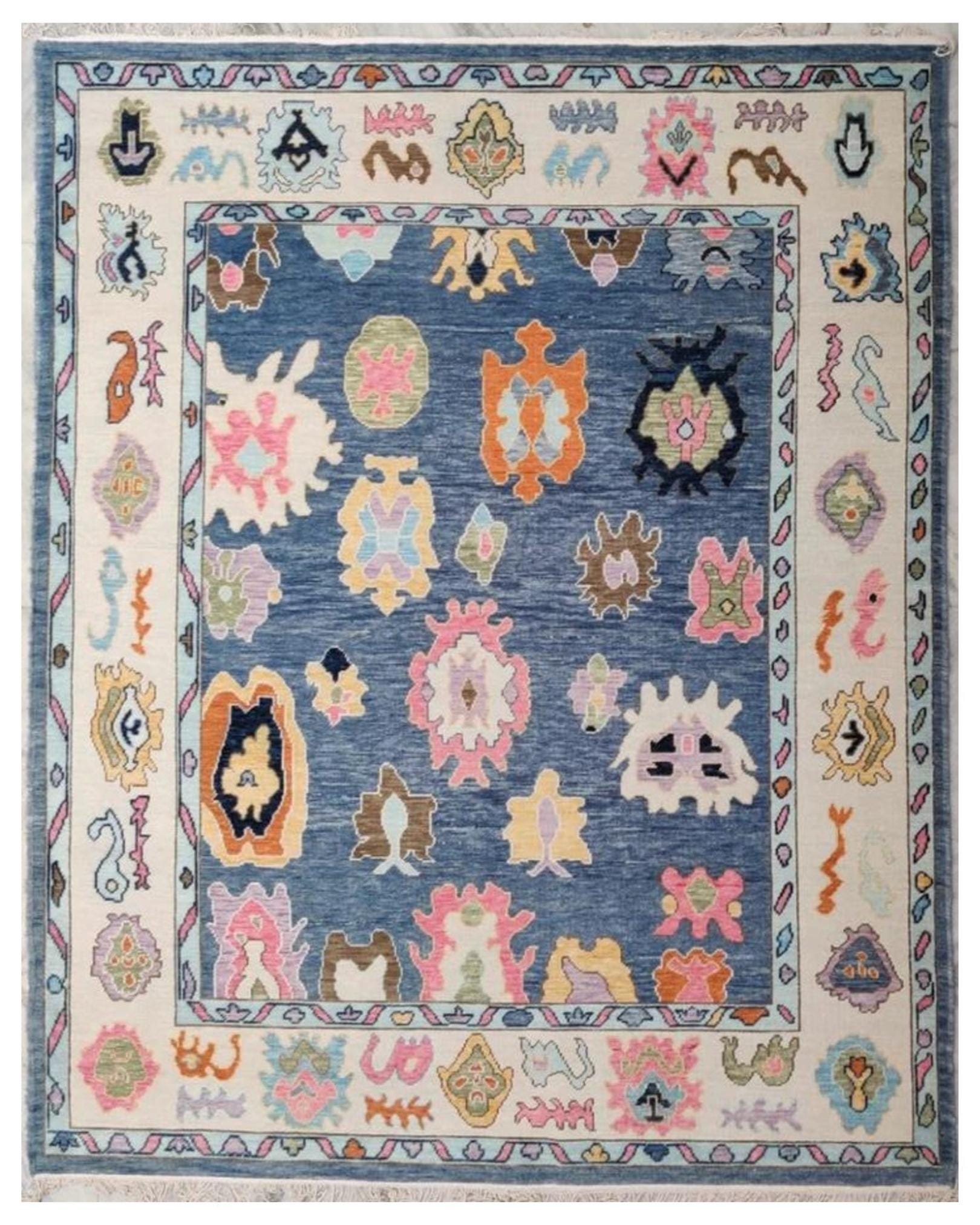 Luxurious Blue Hand-Knotted Oushak Rug- Antique Style Contemporary Design, Available in 4x6, 5x8, 8x10, 9x12, 10x14 ft | Living Room Rug