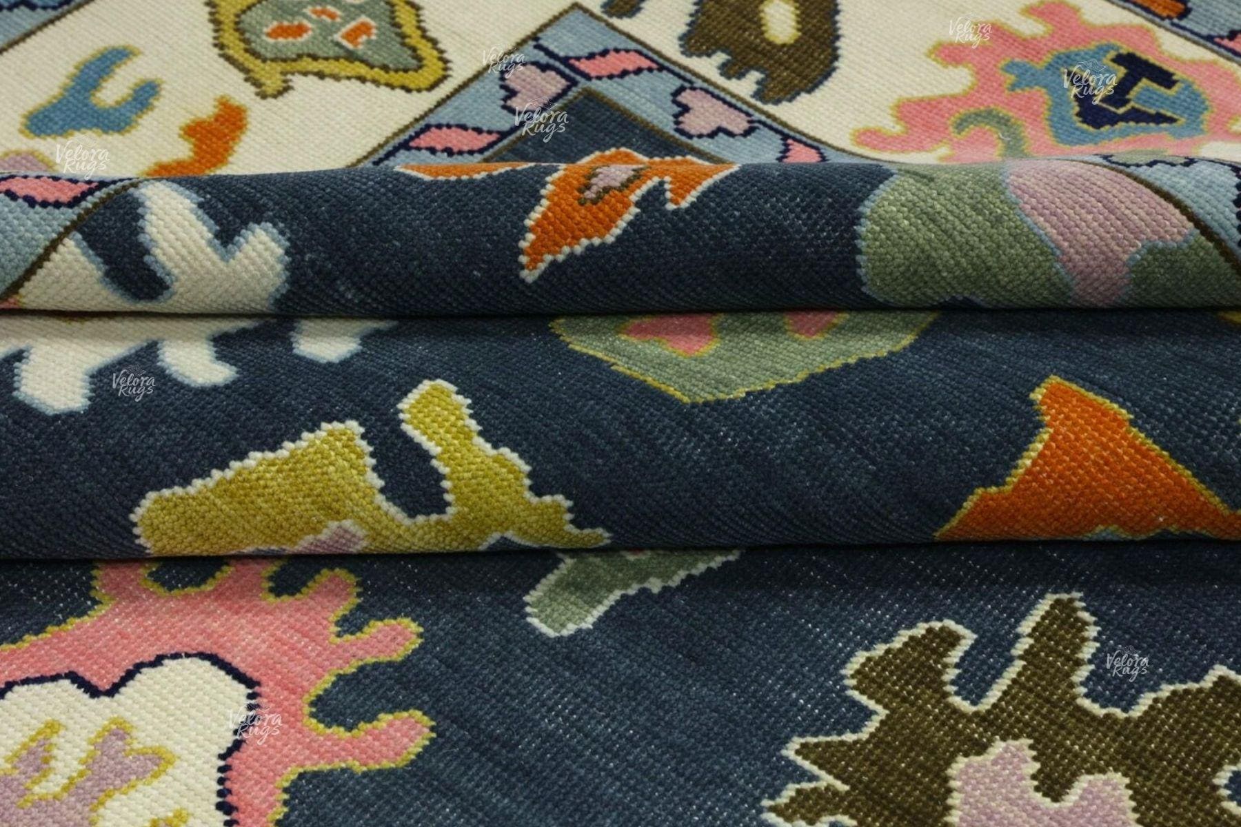 Bright Blue White Oushak Rug - Hand Knotted Wool, Antique Style Modern Abstract Handmade Area Rug in 8x10, 9x12 ft for Living Room & Bedroom