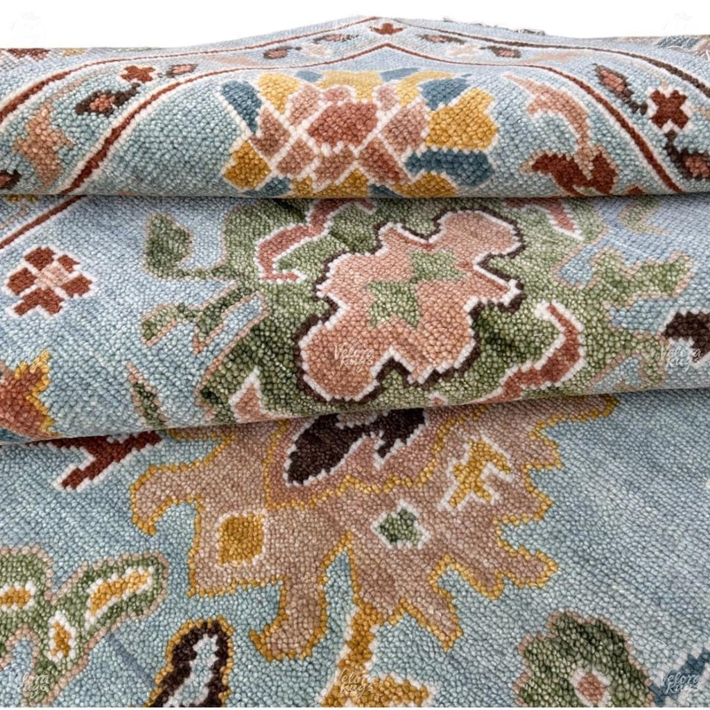 Hand-Knotted Oushak Wool Rug: Light Blue Floral Turkish Carpet 4x6, 5x8, 8x10, 9x12, 10x14 ft Modern Design Handmade Rug for Living Room