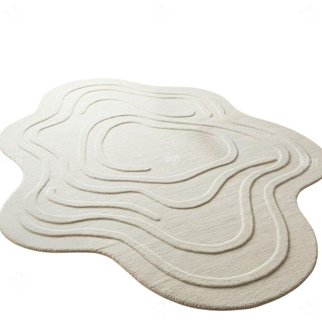 Hand-Tufted Ivory Rug | Modern Abstract Wave Carpet | Minimalist Cream Wool Area Rug | Soft Textured Floor Mat, Living Room & Bedroom Decor