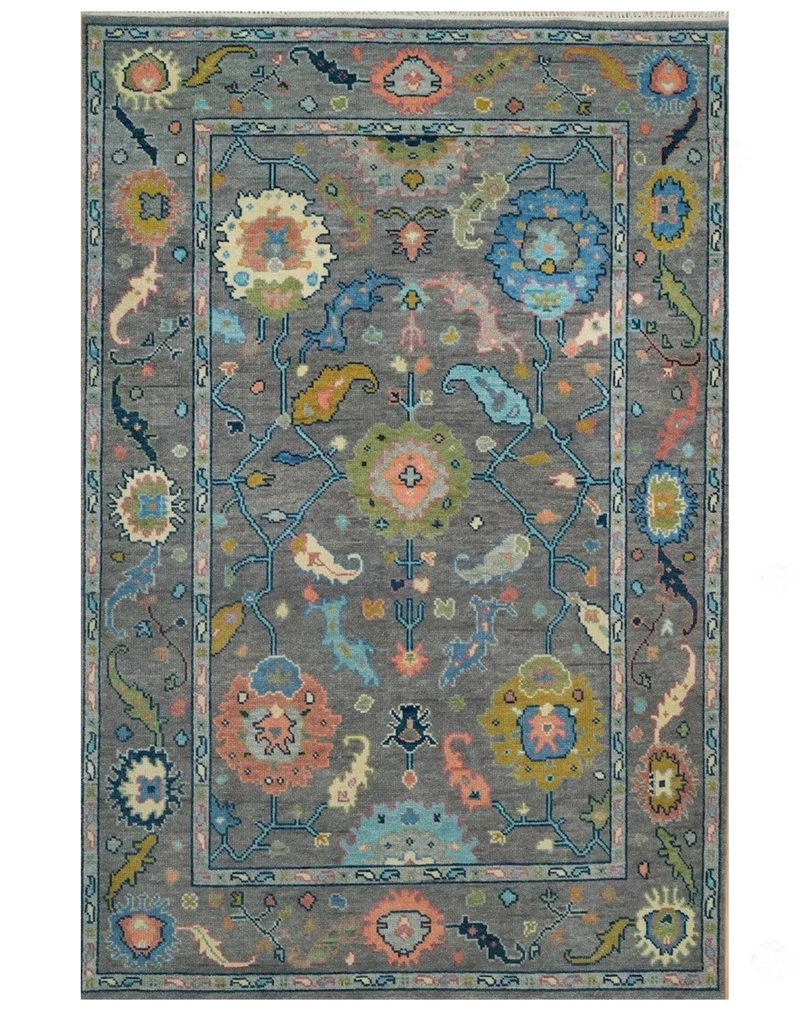 Handmade Grey Oushak Rug | Soft Wool Area Rug 4x6, 8x10, 9x12 ft | Floral Turkish Design | Custom Size Available | Modern Farmhouse Decor