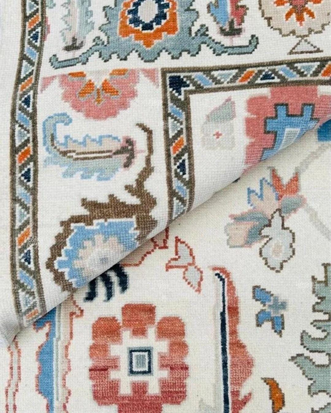 Hand Knotted Traditional Oushak Wool Rug | Cream Oriental Floral Carpet with Blue & Rust Accent | Vintage Turkish Style Area Rug 9x12, 10x14