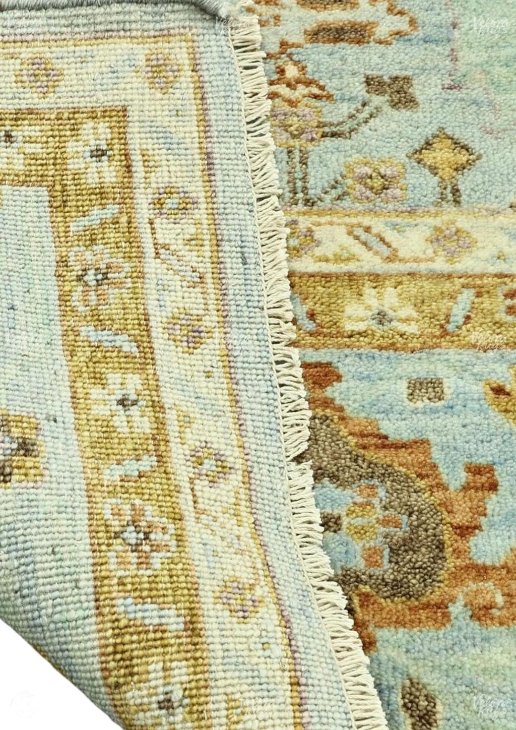 Hand-Knotted Gold Oushak Rug: Vintage Sky Blue Wool Area Rug