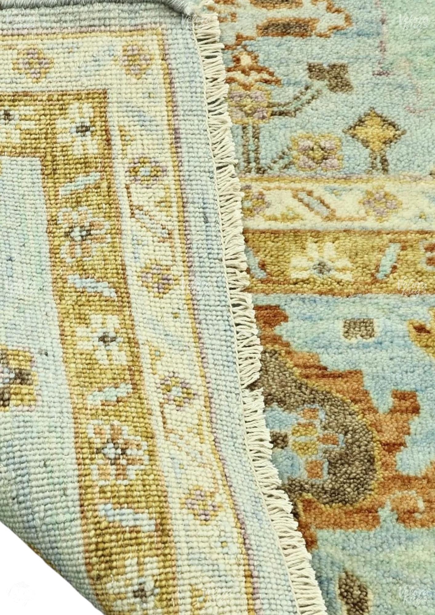 Hand-Knotted Gold Oushak Rug: Vintage Sky Blue Wool Area Rug