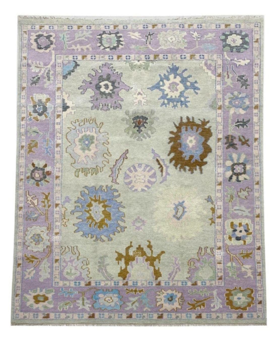 Handmade Pastel Oushak Rug – Wool Turkish Style Carpet with Lavender, Blue & Beige Tones, Vintage Floral Area Rug For Living Room, Bedroom