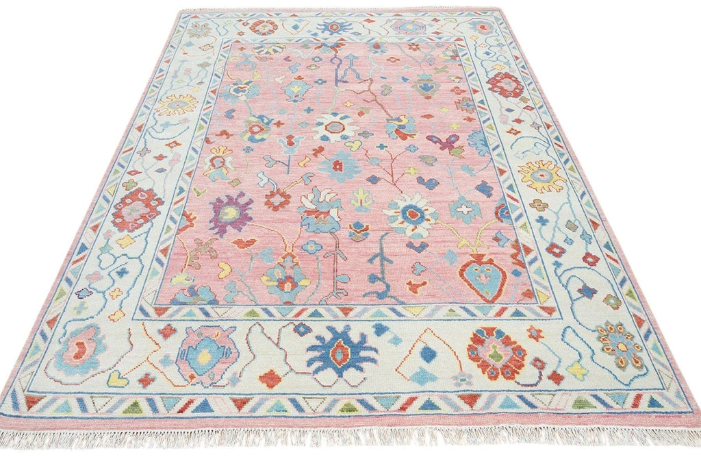 Pink Oushak Rug – Hand Knotted Wool Area Carpet | Light Blue & Ivory Border | Modern Turkish Floral Design | Handmade Boho Living Room Decor