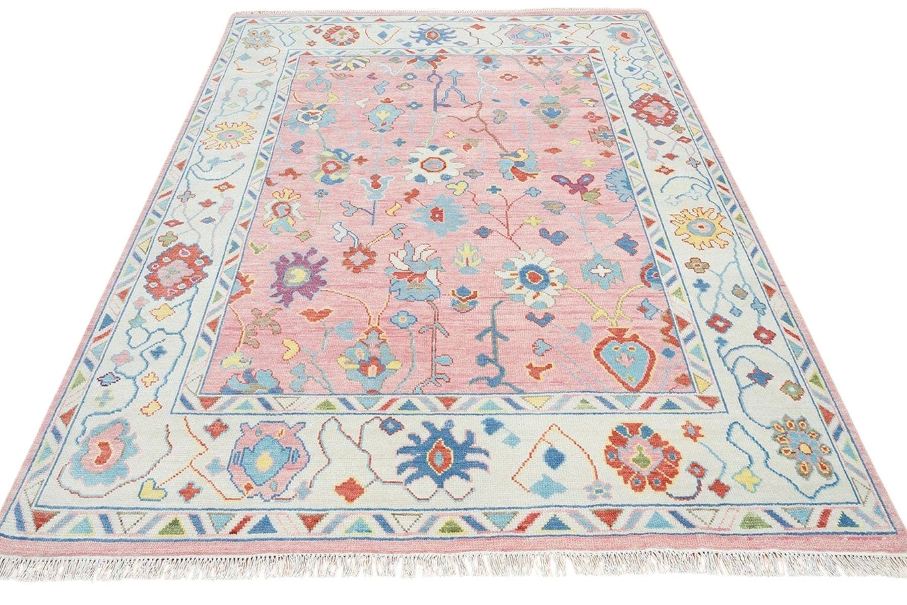Pink Oushak Rug – Hand Knotted Wool Area Carpet | Light Blue & Ivory Border | Modern Turkish Floral Design | Handmade Boho Living Room Decor
