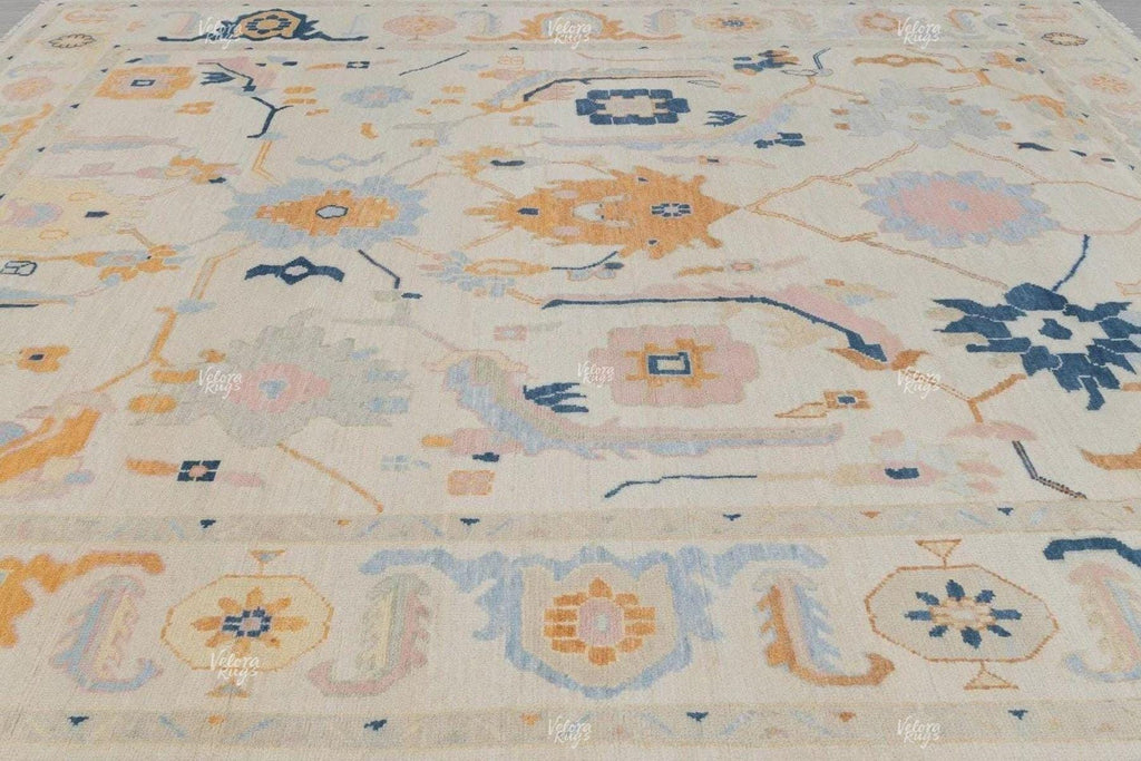 Hand Knotted Pastel Oushak Rug – Cream Beige Turkish Style Wool Carpet, Soft Floral Oriental Area Rug for Living Room, Bedroom or Dining