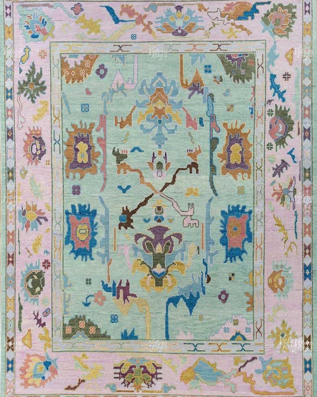Mint Green Hand-Knotted Turkish Oushak Rug | Pastel Multicolor Area Rug | Soft Vintage Style Wool Rug | Custom Size Living Room Decor