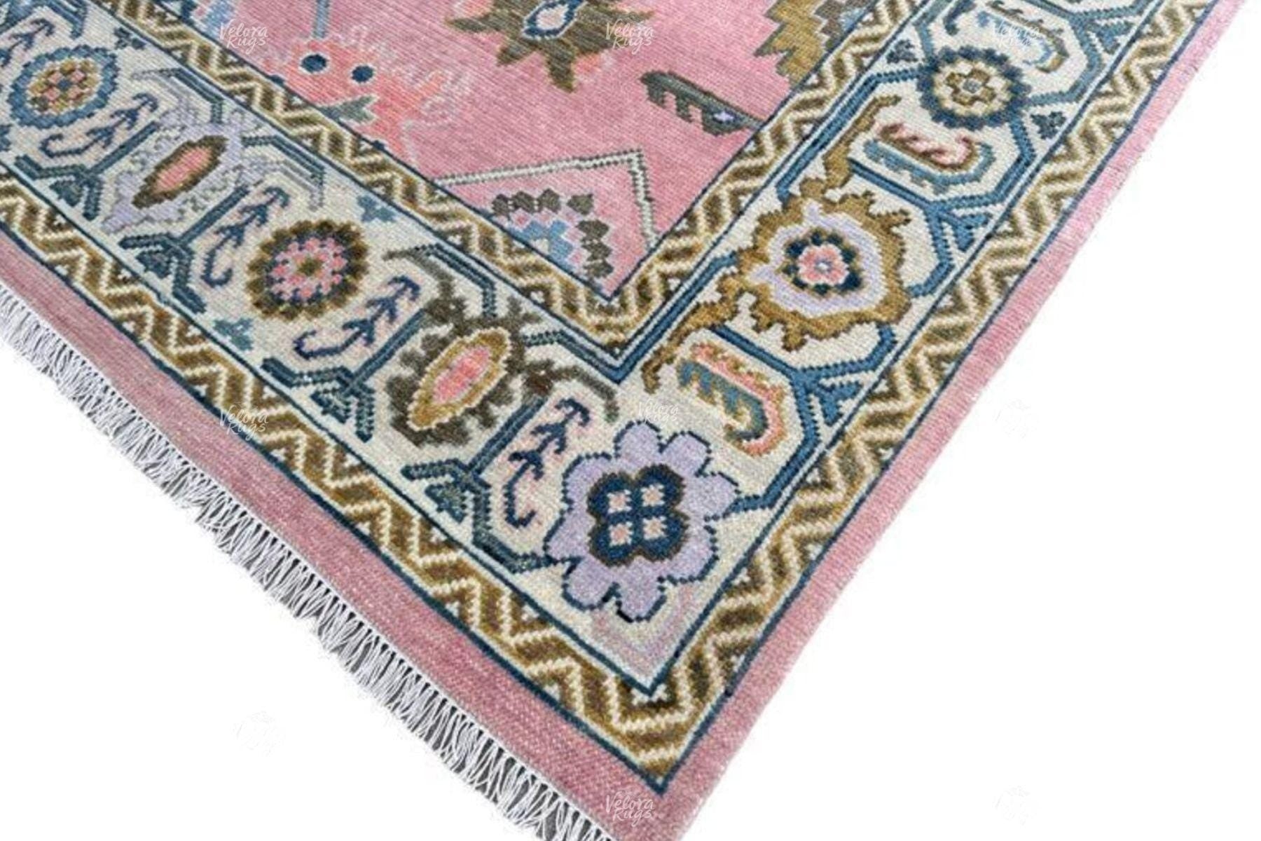Hand Knotted Pink Wool Rug | Oushak Oriental Area Carpet | Vintage Turkish Style Floral Design | Living Room Boho Home Decor Rug