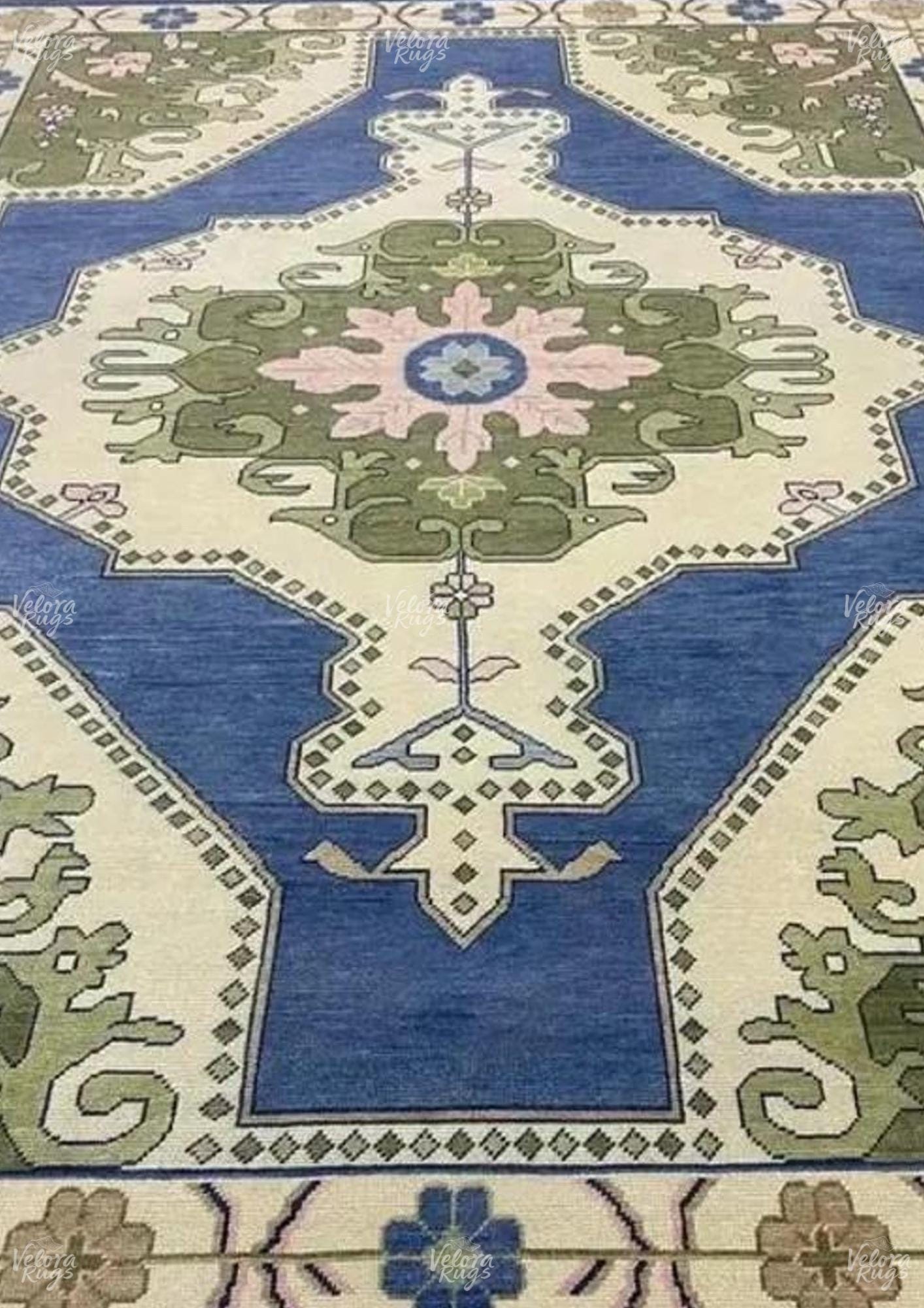 Hand-Knotted Oushak Wool Rug: Blue, Beige & Ivory Turkish Area Rug
