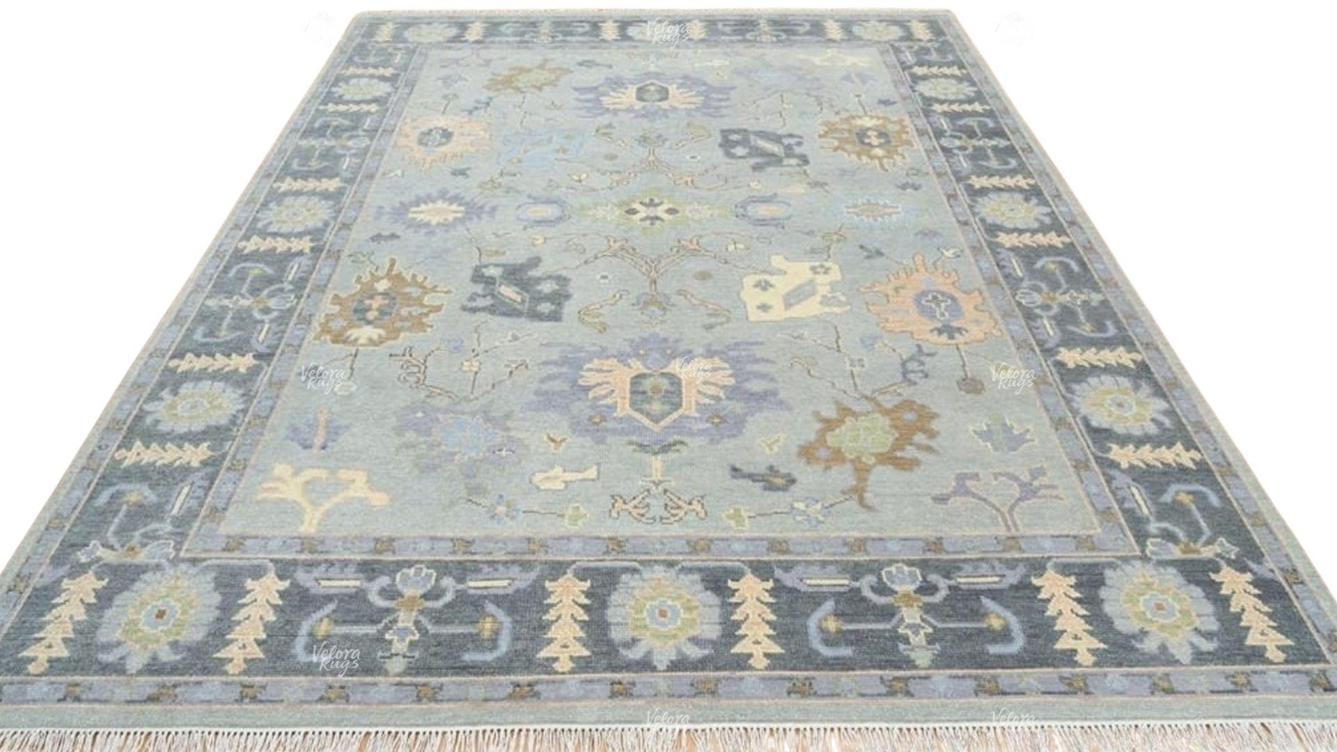 Hand Knotted 8x10 Blue Oushak Wool Rug | Traditional Turkish Floral Carpet | Vintage Style Oriental Area Rug | Living Room, Bedroom Decor