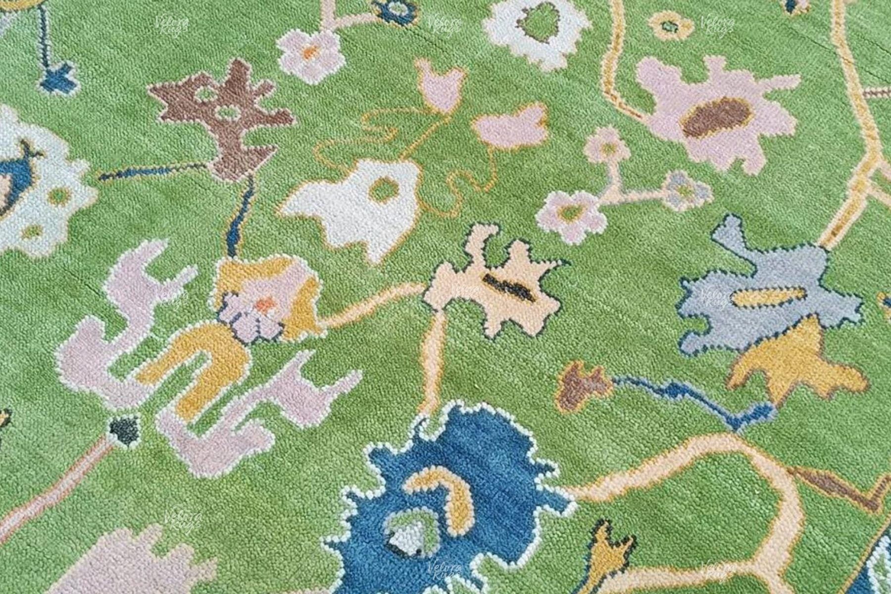 Green Oushak Hand Knotted Wool Rug | Vintage Turkish Style Area Carpet 9x12 ft | Moss Green Rug for Living Room, Bedroom & Dinning Hall