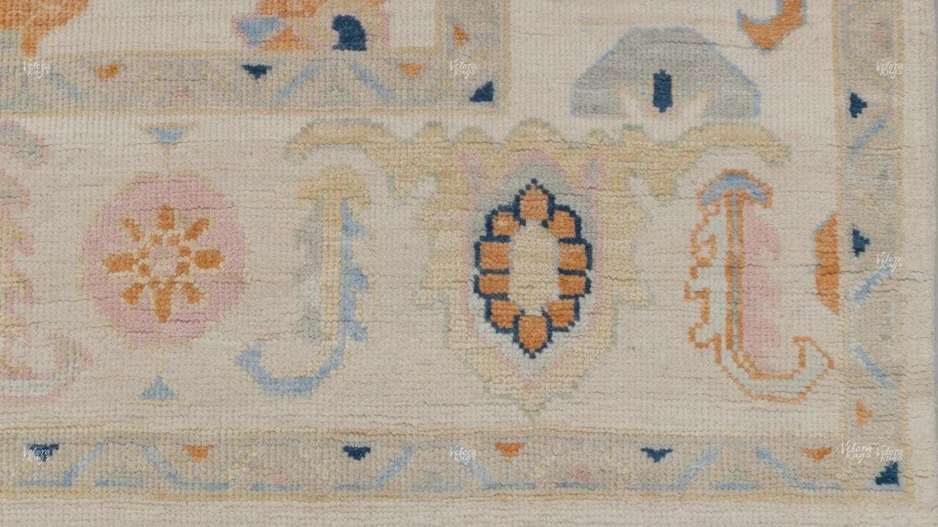 Hand Knotted Pastel Oushak Rug – Cream Beige Turkish Style Wool Carpet, Soft Floral Oriental Area Rug for Living Room, Bedroom or Dining