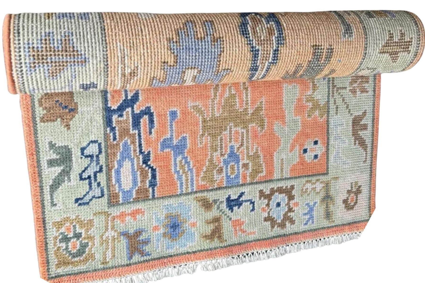 Peach Oushak Runner Rug: Hand Knotted Wool Hallway Carpet - Antique Style Contemporary Rug | Vintage Turkish  Oriental Rug For Home Decor