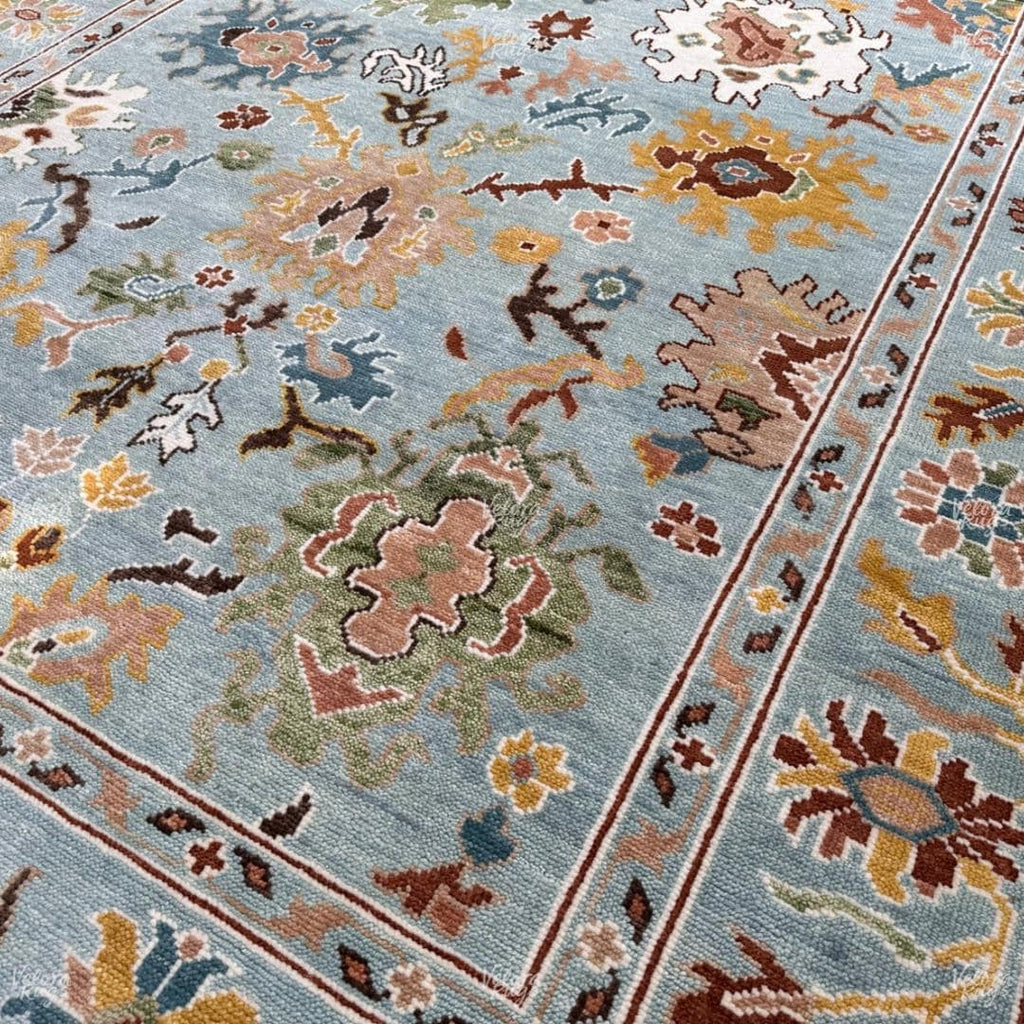 Hand-Knotted Oushak Wool Rug: Light Blue Floral Turkish Carpet 4x6, 5x8, 8x10, 9x12, 10x14 ft Modern Design Handmade Rug for Living Room
