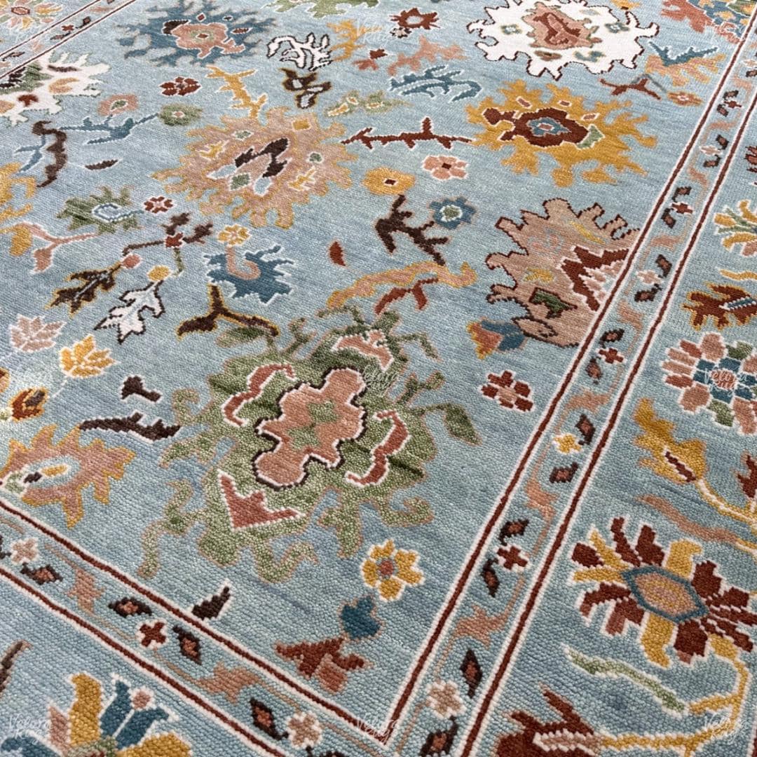 Hand-Knotted Oushak Wool Rug: Light Blue Floral Turkish Carpet 4x6, 5x8, 8x10, 9x12, 10x14 ft Modern Design Handmade Rug for Living Room