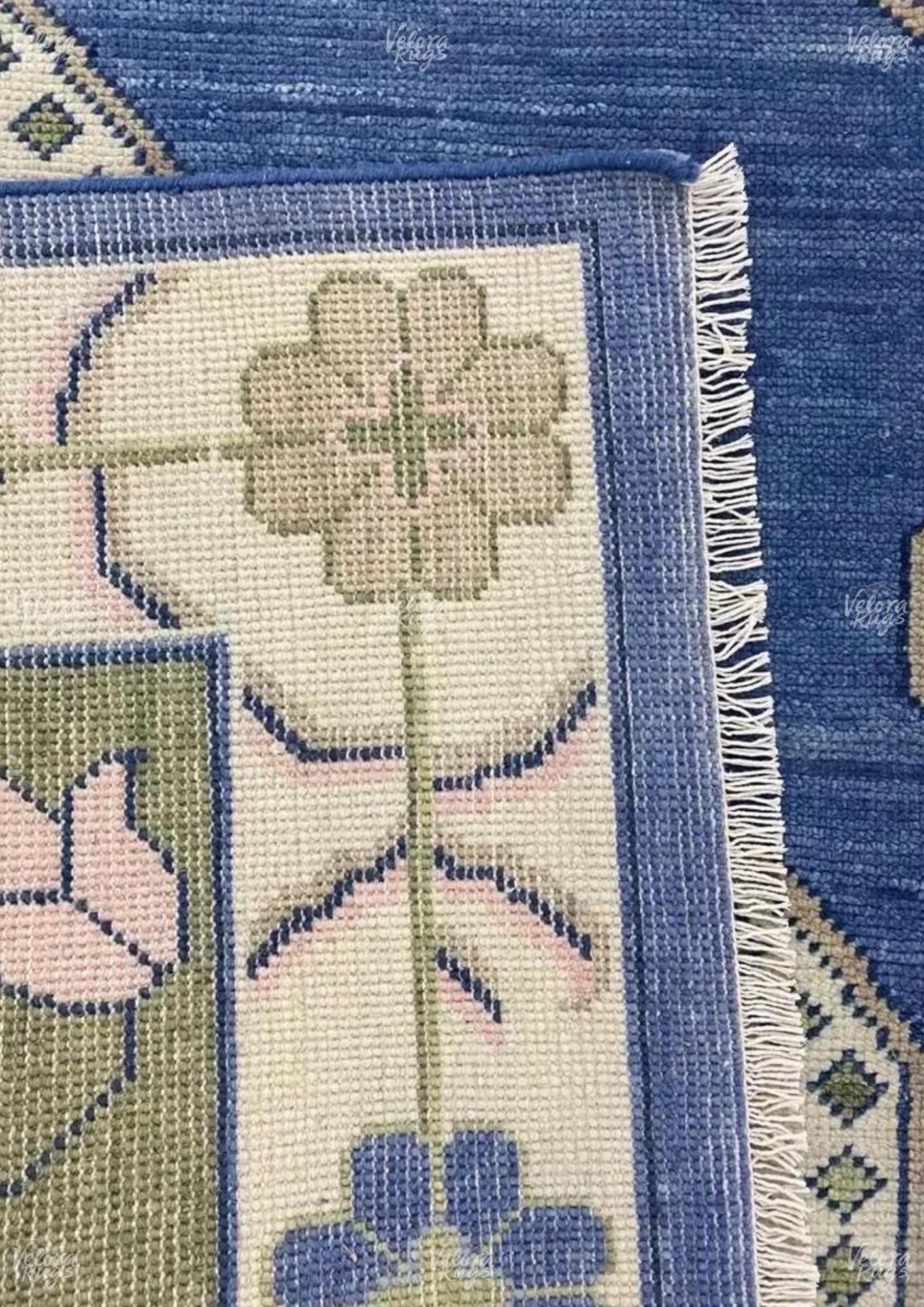 Hand-Knotted Oushak Wool Rug: Blue, Beige & Ivory Turkish Area Rug