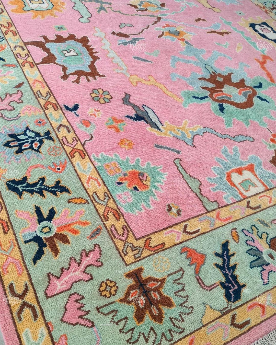 Pink Rug with Pastel Green Border Hand Knotted Woolen Rug, Traditional Persian Style Carpet, Vintage Turkish Tribal Design, Living Area Rug