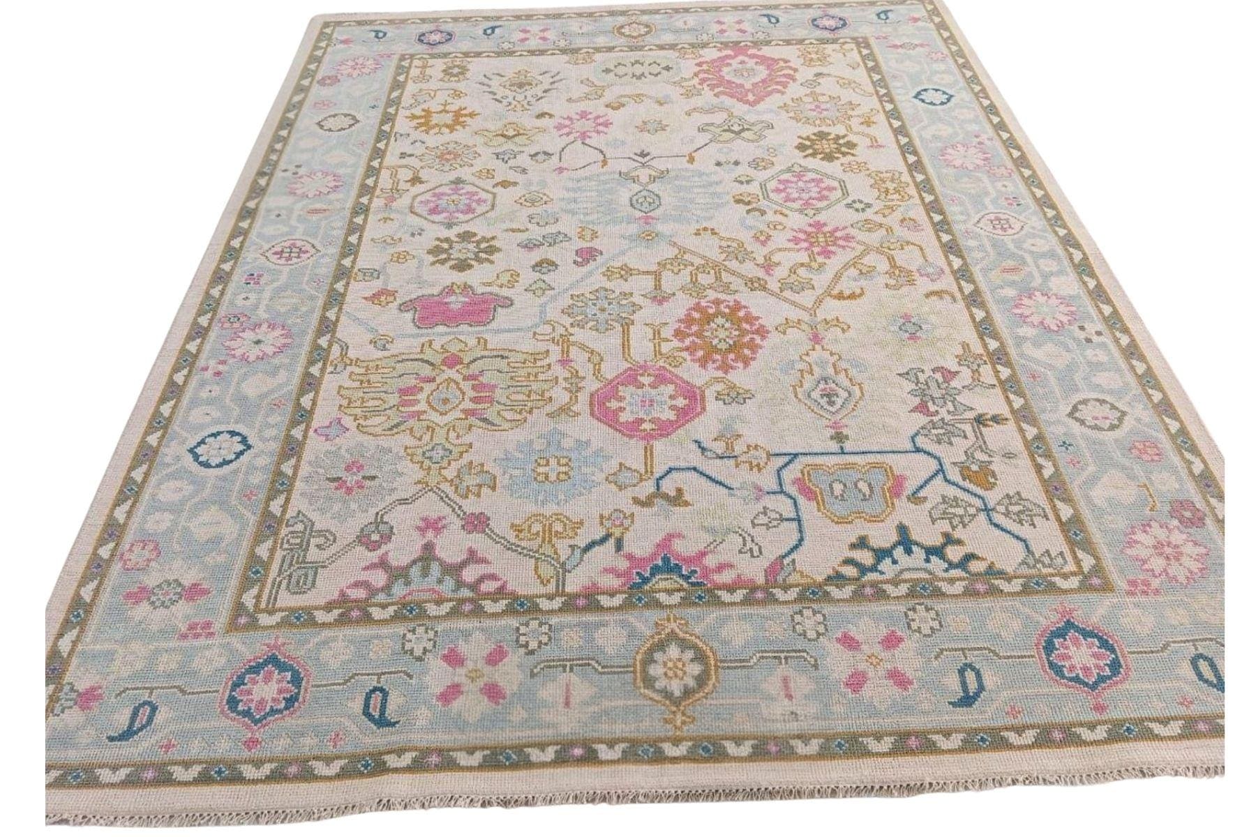 Handmade Blue and Pink Oushak Wool Rug – Turkish Vintage Floral Carpet, Soft Pastel Area Rug For Living Room, Bedroom & Elegant Home Décor