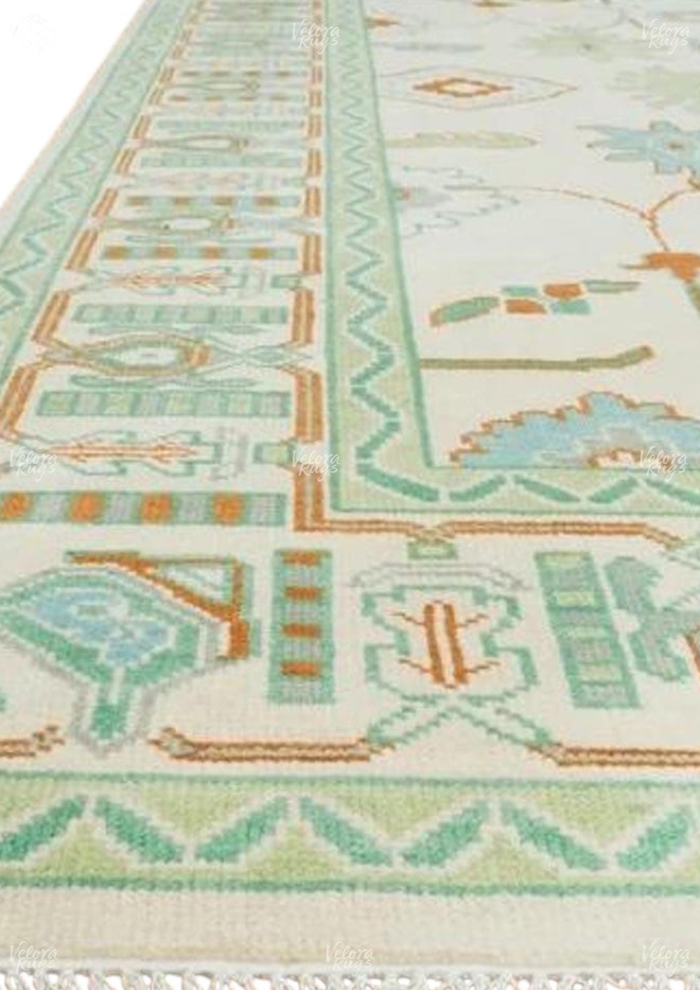 Hand-Knotted Light Green Oushak Rug: Turkish Wool Area Rug