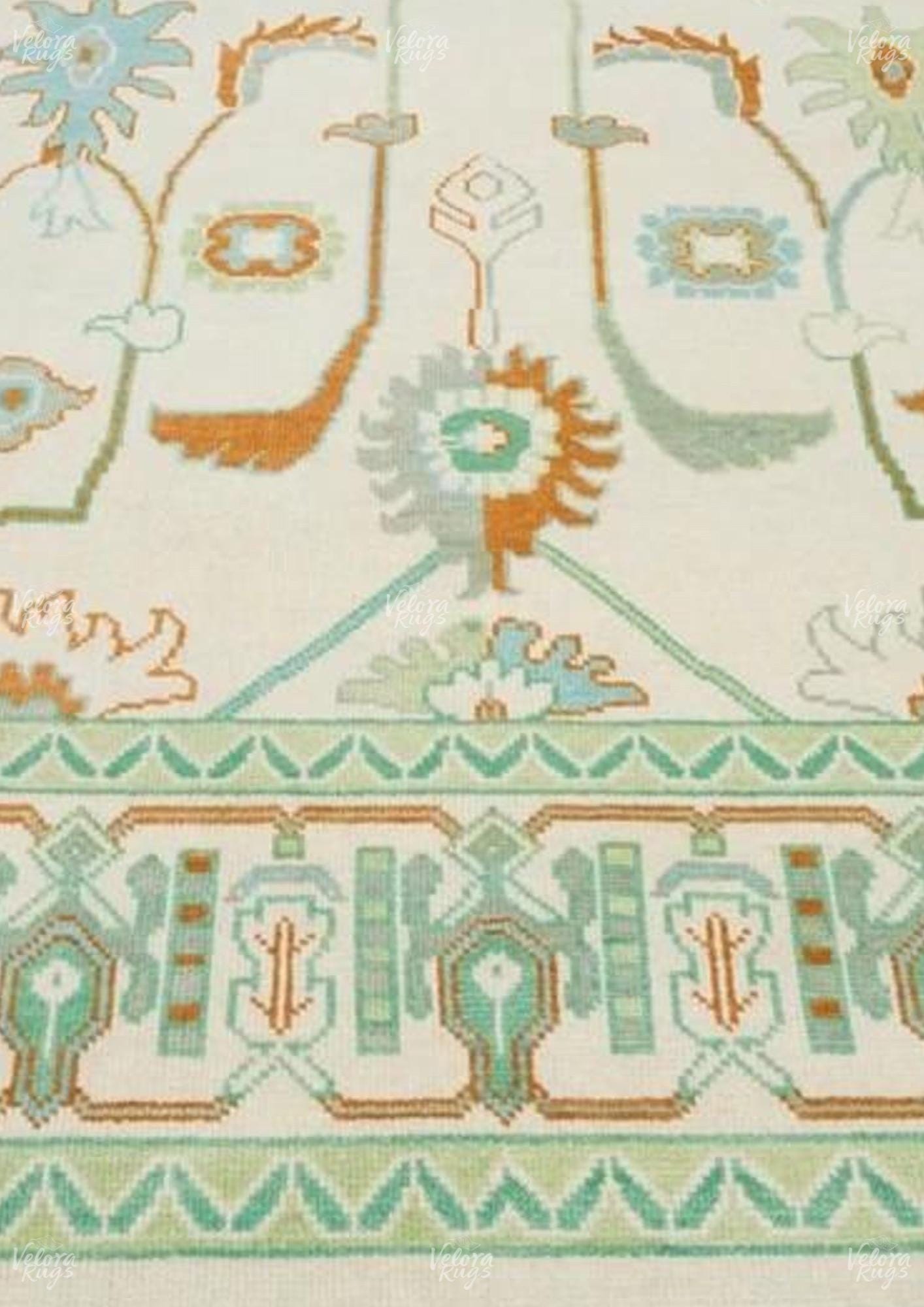 Hand-Knotted Light Green Oushak Rug: Turkish Wool Area Rug