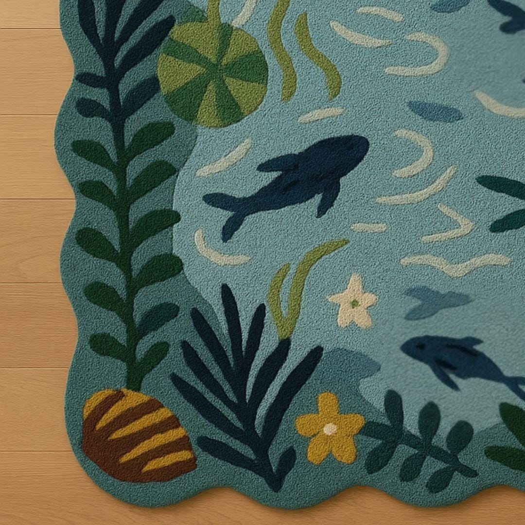 Aqua Garden Hand Tufted Loop and Cut Wool Rug | Fish Pond Design Carpet | Nature-Inspired Area Rug for Living Room & Bedroom | Modern Rug