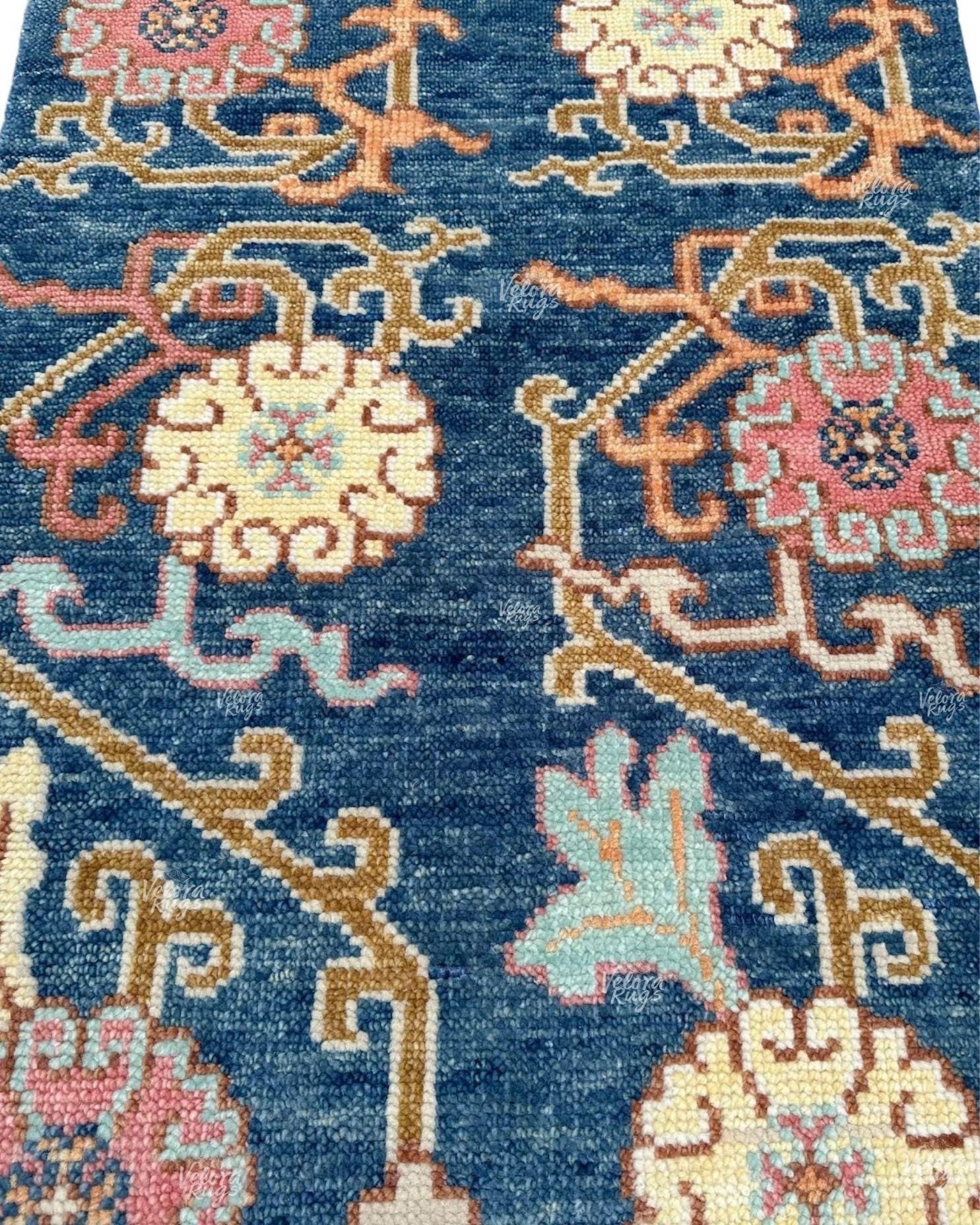 Navy Blue Oushak Runner Rug: Hand Knotted Wool Turkish Carpet - Hallway Runner - Kitchen Runner - Boho Runner Stair Rug | Home Decor