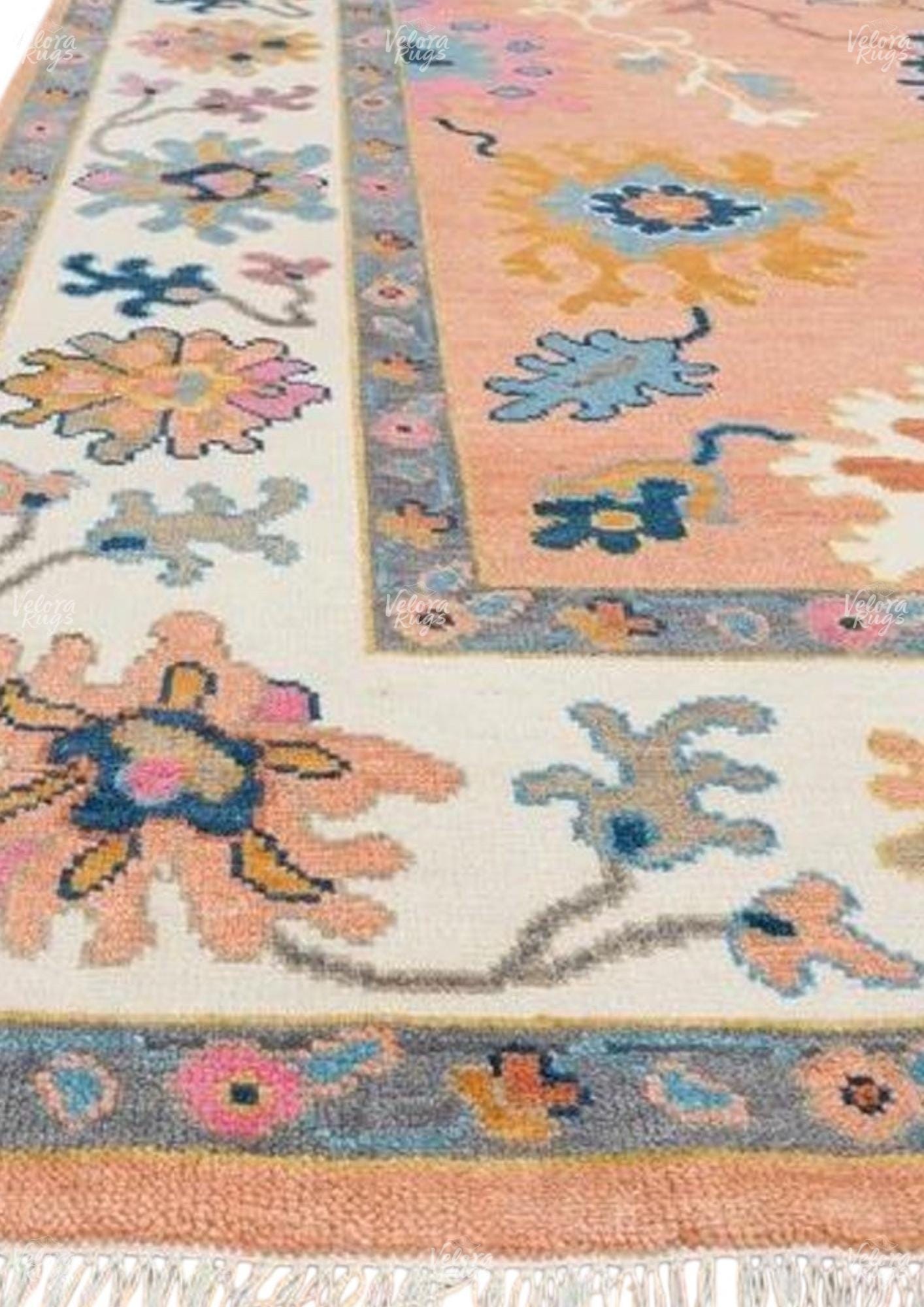 Hand-Knotted Orange Oushak Wool Rug: Modern Turkish Area Carpet