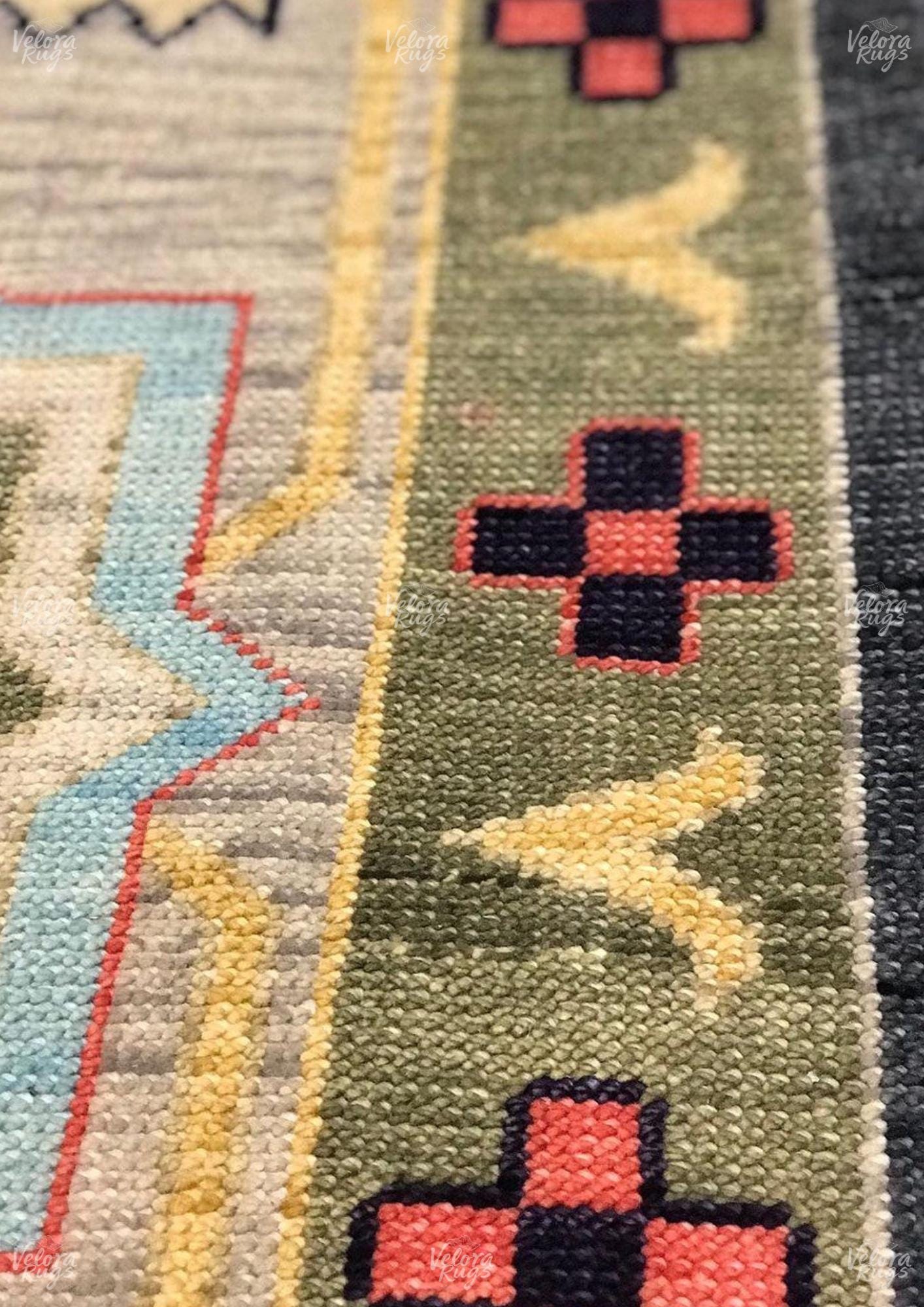 Hand Knotted Wool Oushak Rug: Beige & Black Tribal Carpet