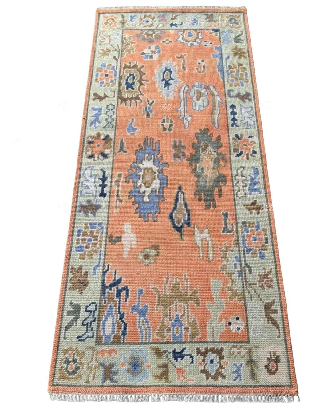 Peach Oushak Runner Rug: Hand Knotted Wool Hallway Carpet - Antique Style Contemporary Rug | Vintage Turkish  Oriental Rug For Home Decor