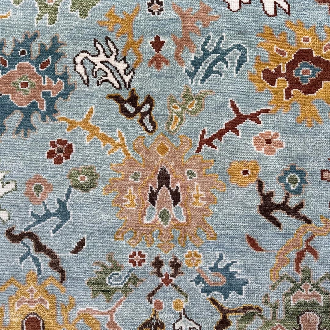 Hand-Knotted Oushak Wool Rug: Light Blue Floral Turkish Carpet 4x6, 5x8, 8x10, 9x12, 10x14 ft Modern Design Handmade Rug for Living Room