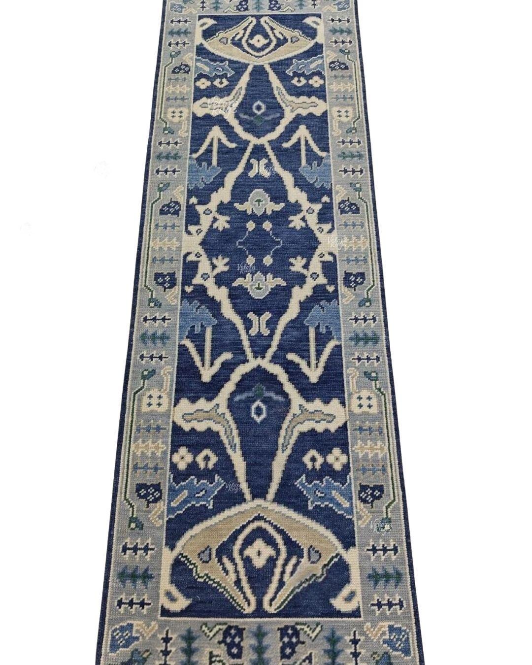 Blue Oushak Runner Rug: Hand Knotted Wool Turkish Carpet - Hallway Runner - Kitchen Runner - Boho Runner Stair Rug | Runner For Home Decor