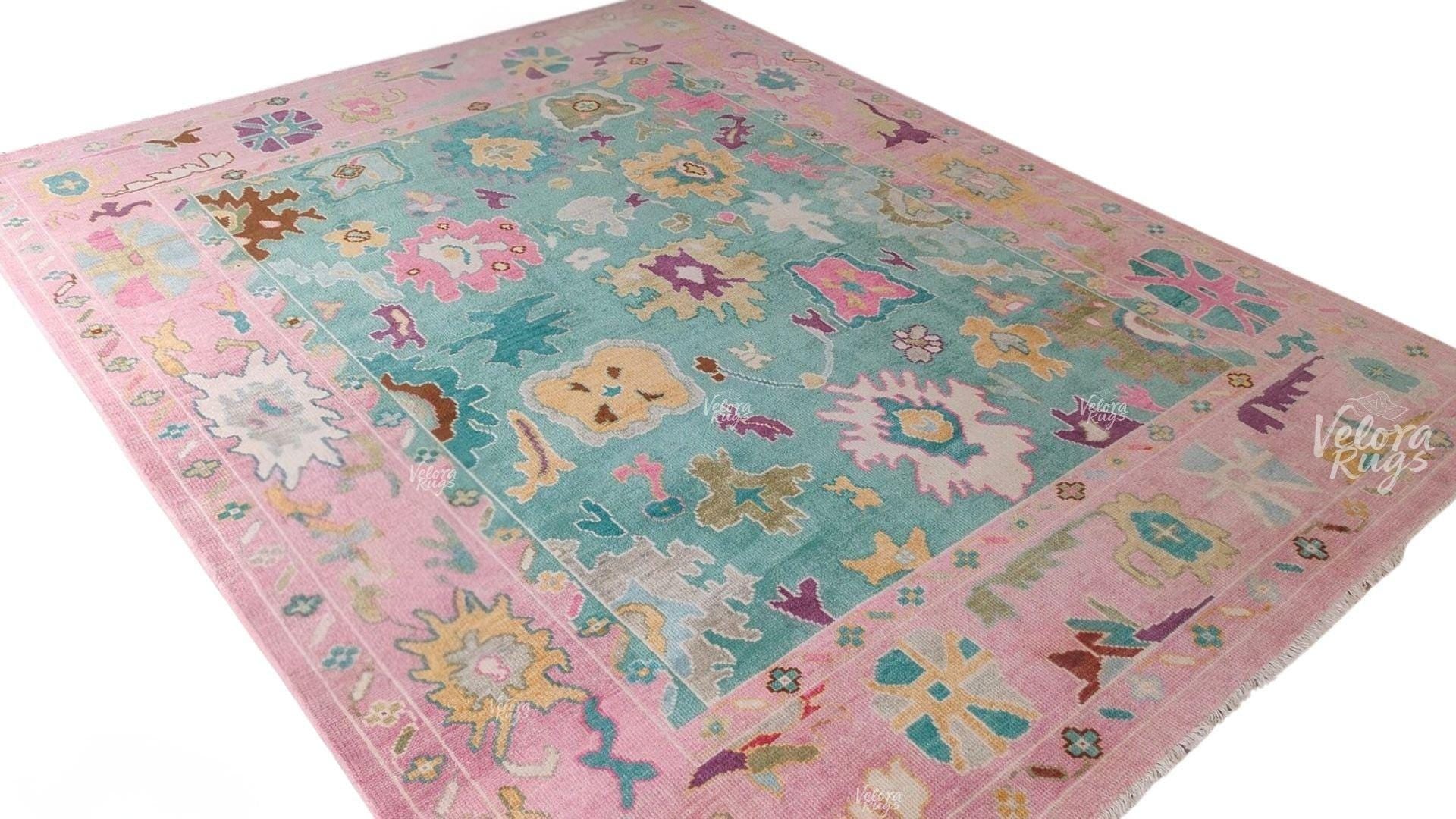 Hand Knotted Pink and Teal Oushak Rug – Modern Wool Turkish Style Carpet, Colorful Floral Oriental Area Rug for Living Room, Bedroom Decor