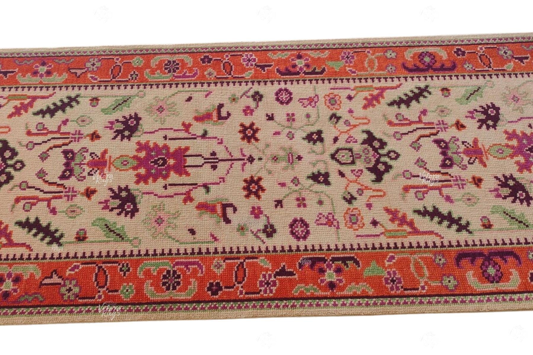 Handmade Beige Orange Runner Rug – Vintage Floral Turkish Hallway Woolen Carpet – Long Boho Accent Rug for Entryway, Kitchen, Bedroom Décor