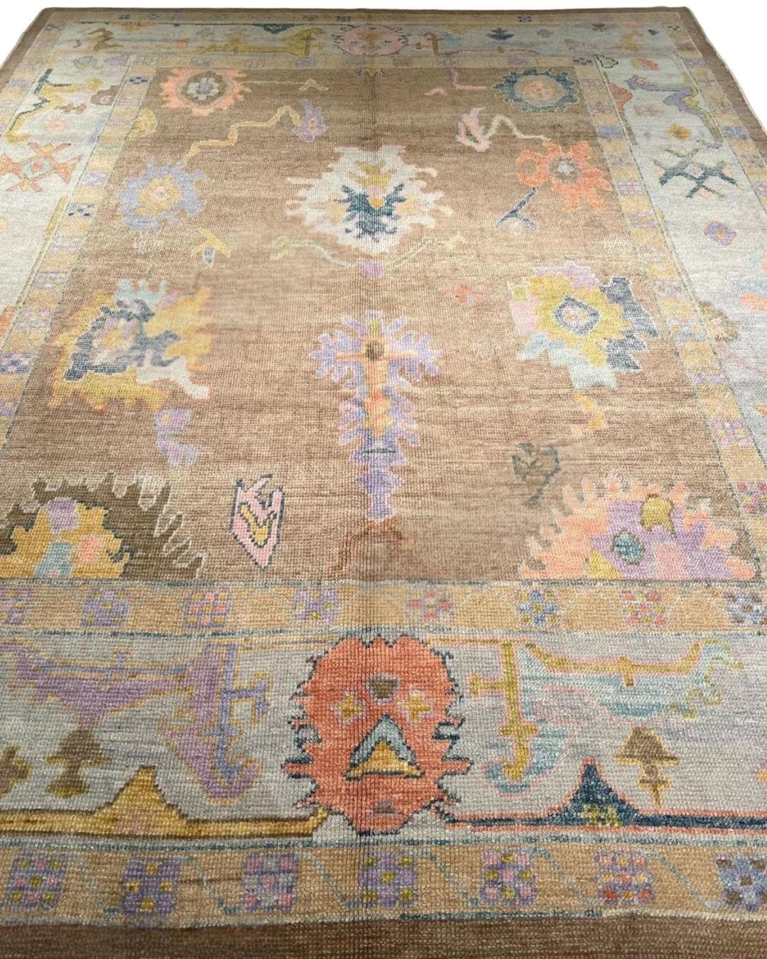 Handmade Brown Modern Oushak Wool Rug | Neutral Color 8x10 Turkish Carpet | Pastel Floral Area Rug For Living Room, Bedroom | Customize Rug