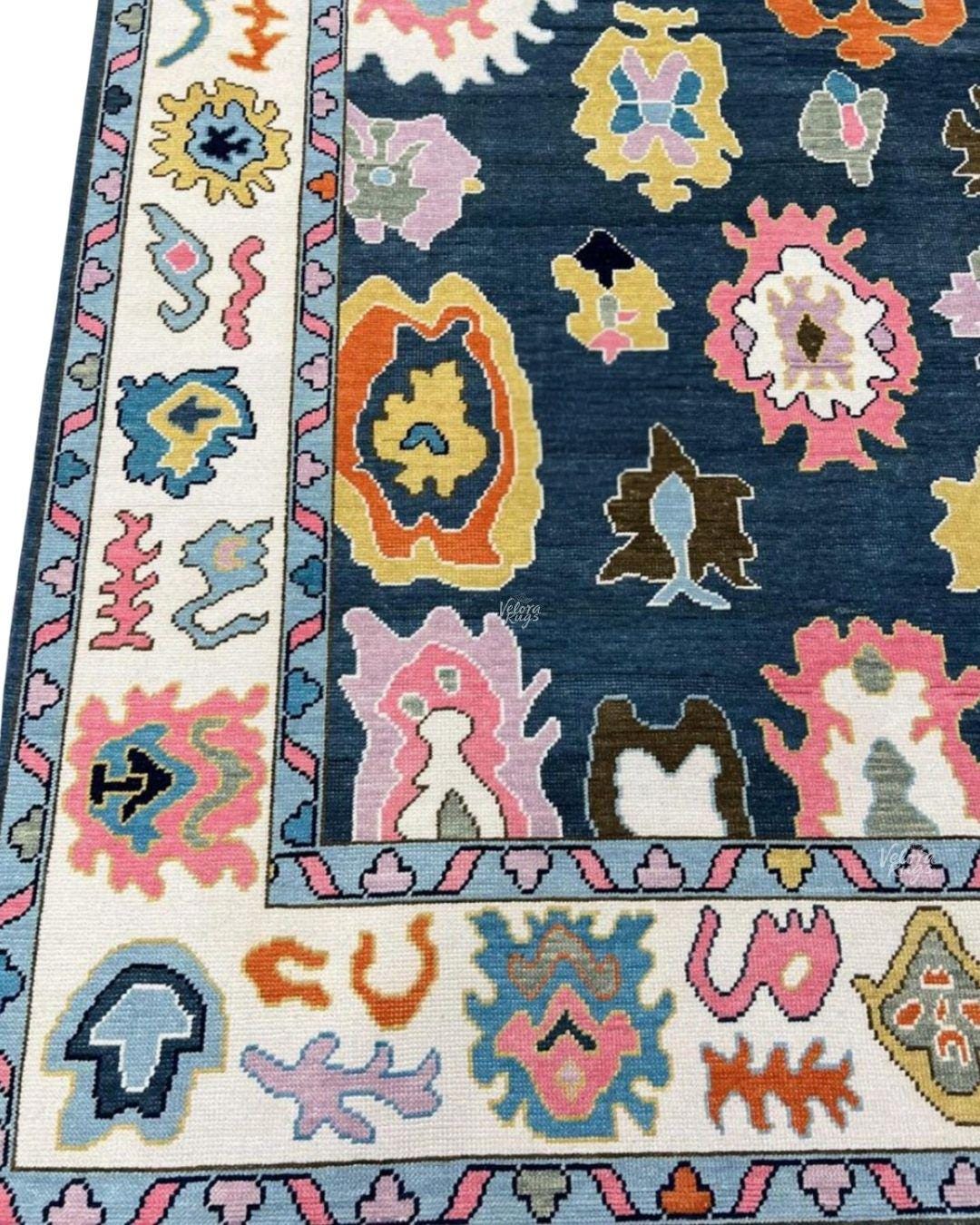 Bright Blue White Oushak Rug - Hand Knotted Wool, Antique Style Modern Abstract Handmade Area Rug in 8x10, 9x12 ft for Living Room & Bedroom