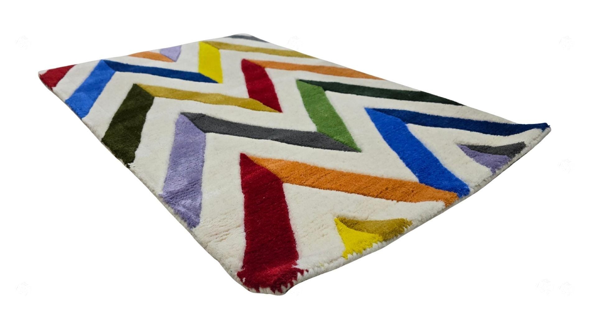 Colorful Geometric Chevron Tufted Rug, Modern Wool Carpet for Living Room, Handmade Abstract Area Rug, Boho Home Decor Floor Mat