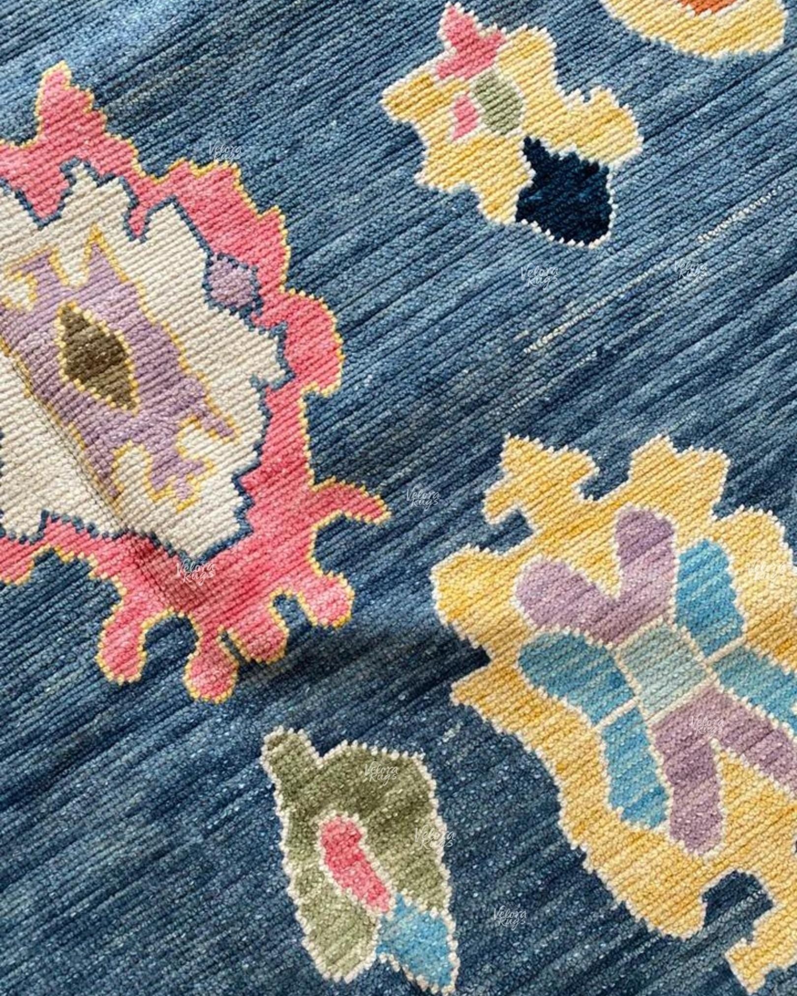 Luxurious Blue Hand-Knotted Oushak Rug- Antique Style Contemporary Design, Available in 4x6, 5x8, 8x10, 9x12, 10x14 ft | Living Room Rug