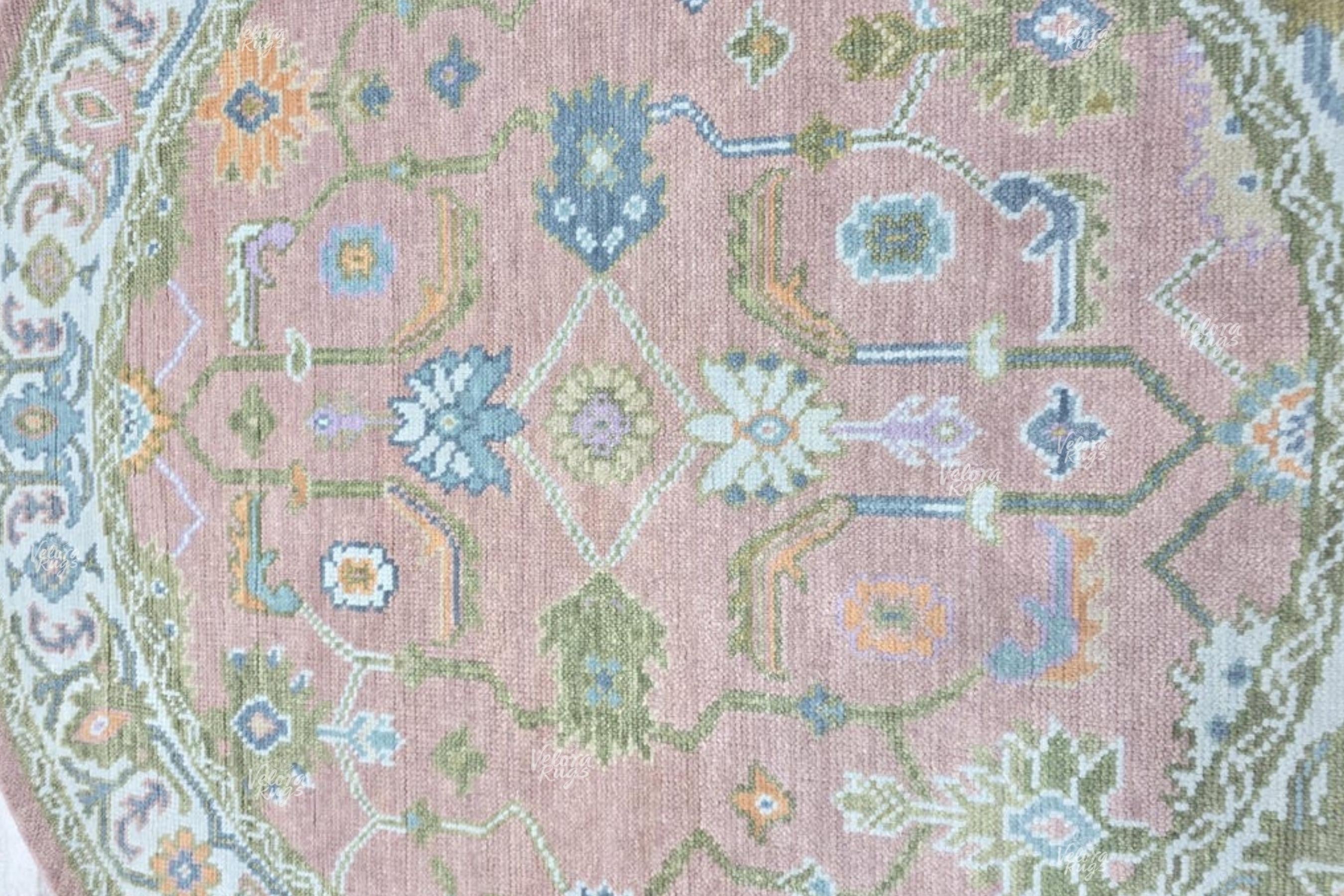 Round Oushak Rug 5' 6' 7' 8' 9' 10' Diameter - Hand Knotted Wool Turkish Style Rug - Modern Pink Multicolor - Living Room and Dining Decor