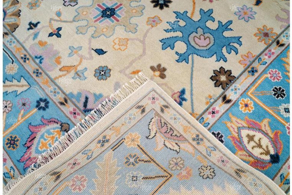 Cream- Lt. Blue Oushak style Hand Knotted Rug 4x6, 5x8, 6x9, 8x10, 9x12, 10x14 ft Contemporary Handmade Rugs for Living Room, Bedroom & Hall