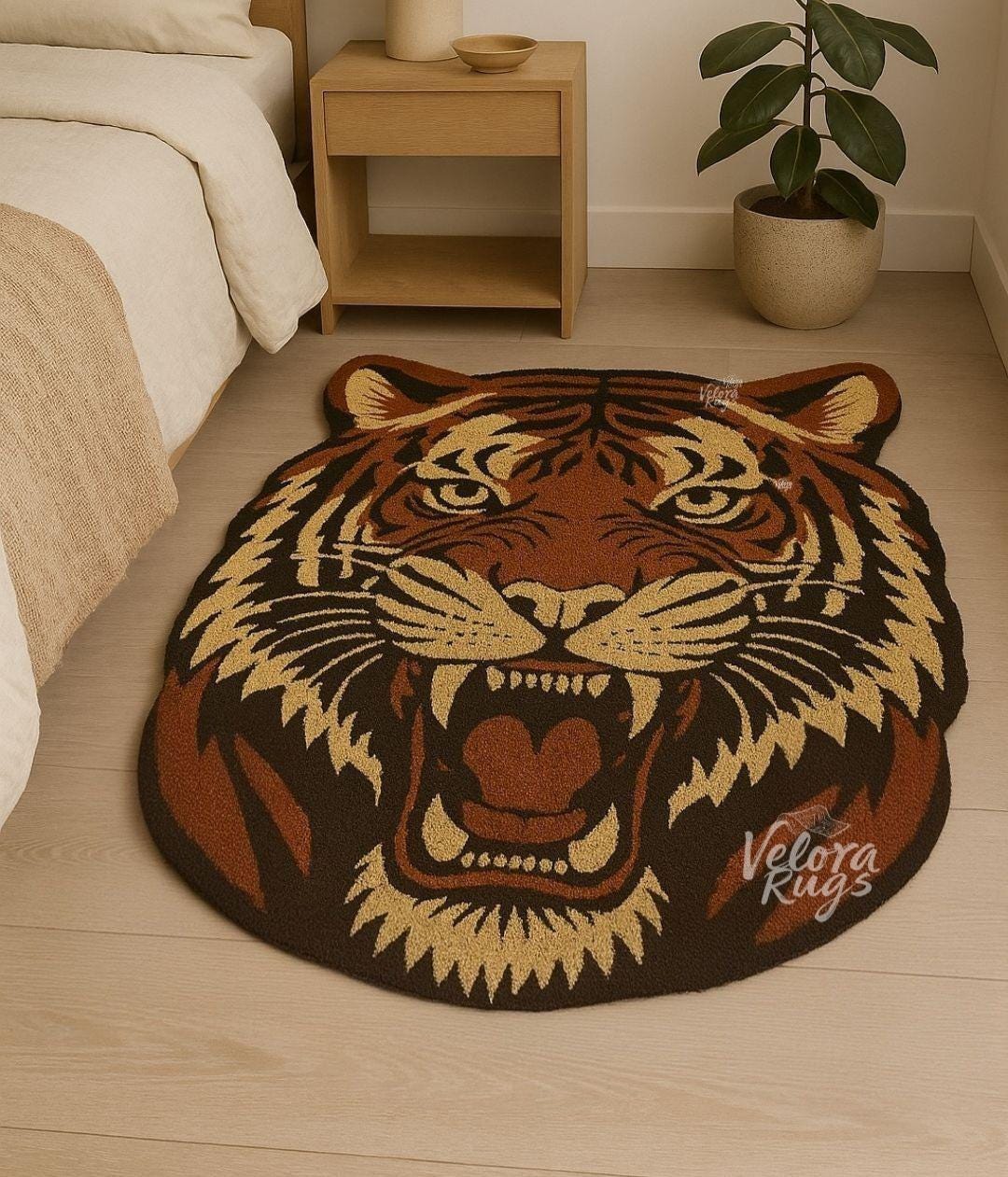 Tiger Face Tufted Rug, Handmade Wool Animal Carpet for Bedroom, Bold Jungle Theme Decor, Irregular Tiger Shaped Rug, Modern Floor Mat