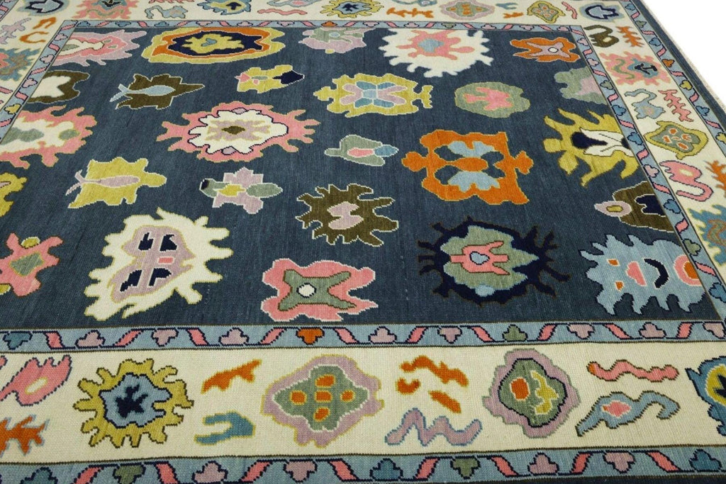 Bright Blue White Oushak Rug - Hand Knotted Wool, Antique Style Modern Abstract Handmade Area Rug in 8x10, 9x12 ft for Living Room & Bedroom